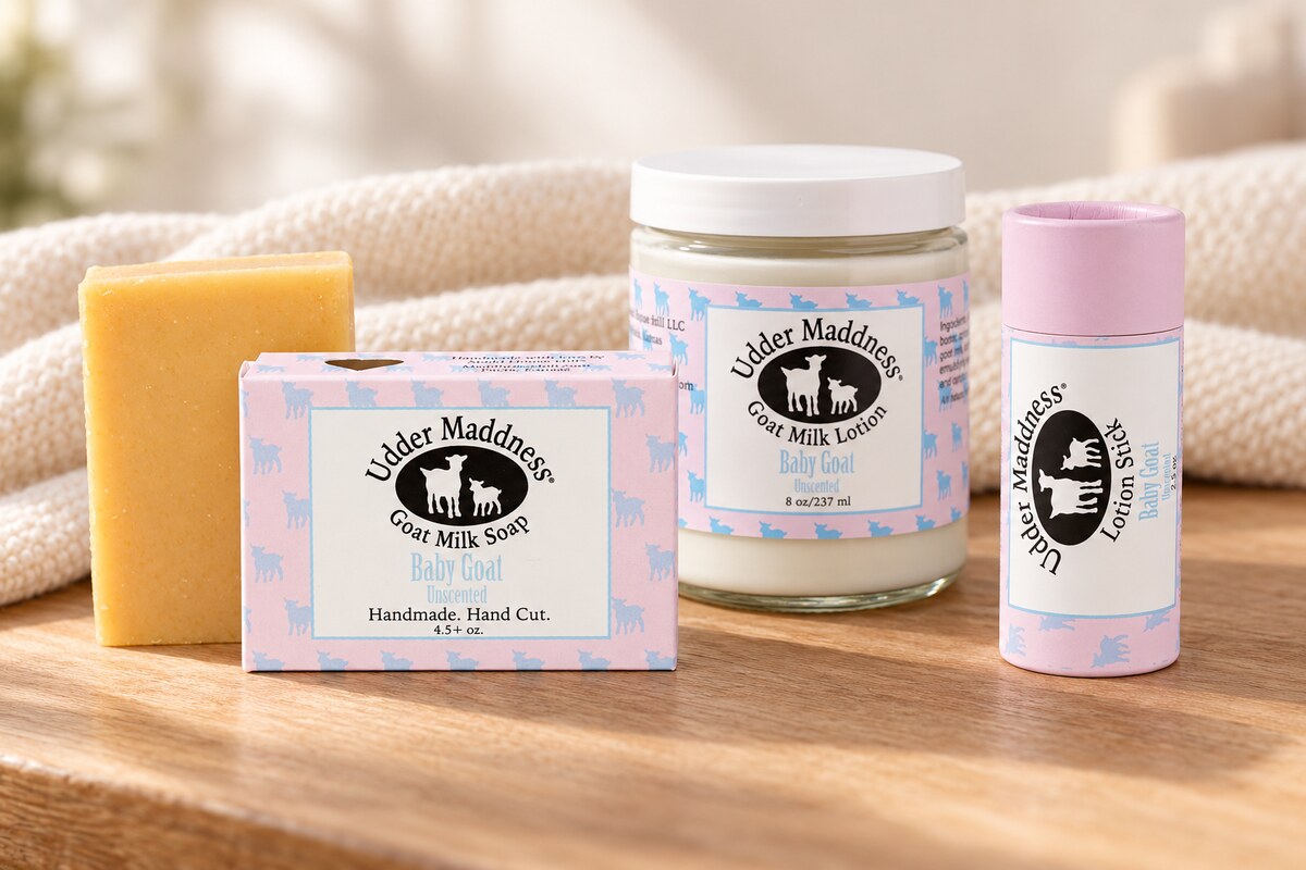 Madd House Hill Baby Goat Unscented soap, goat milk lotion, and lotion stick for a gentle winter skincare routine
