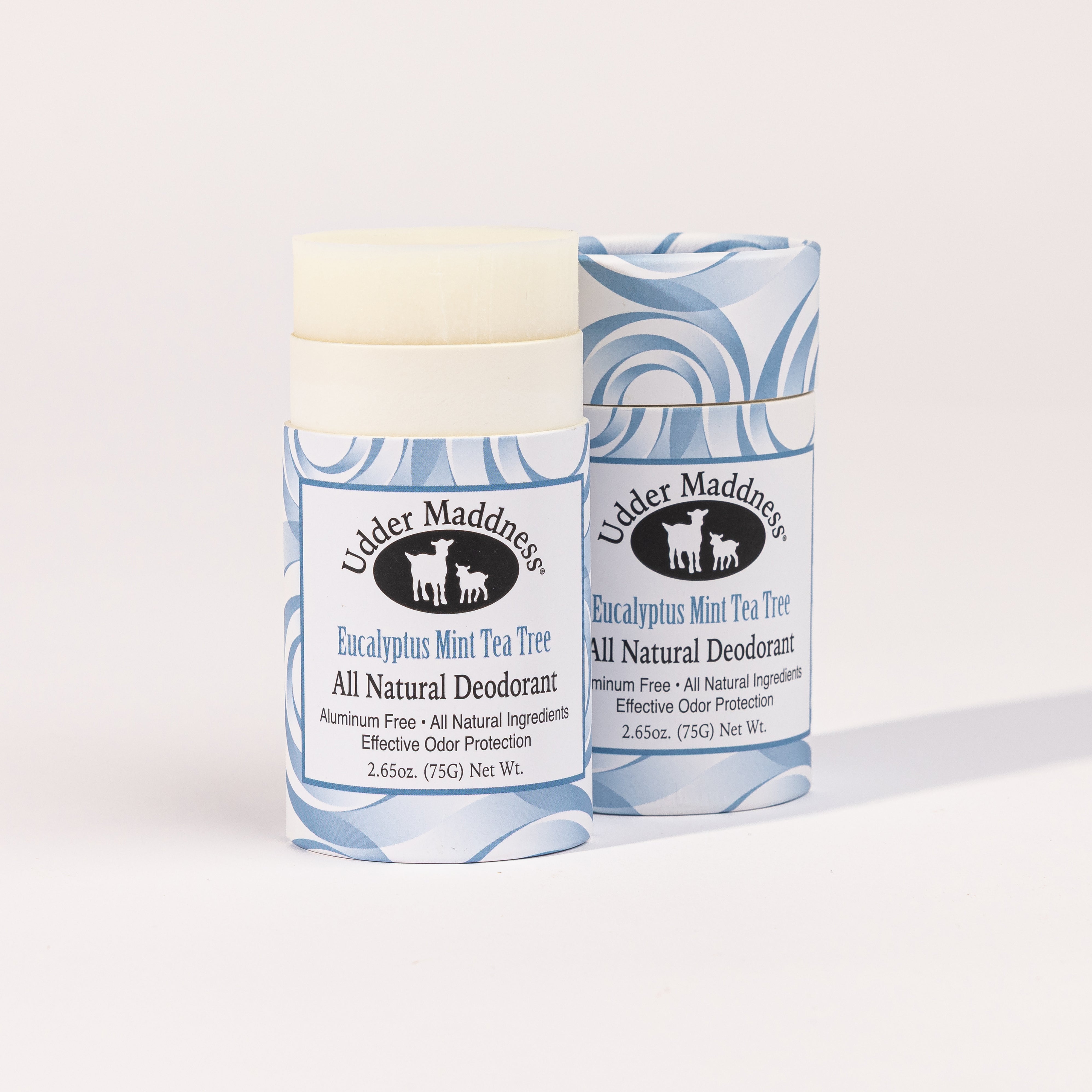 Madd House Hill Udder Maddness Eucalyptus Mint Tea Tree Natural Deodorant , aluminum free, all-natural ingredients, open stick showing creamy deodorant, 2.65 oz