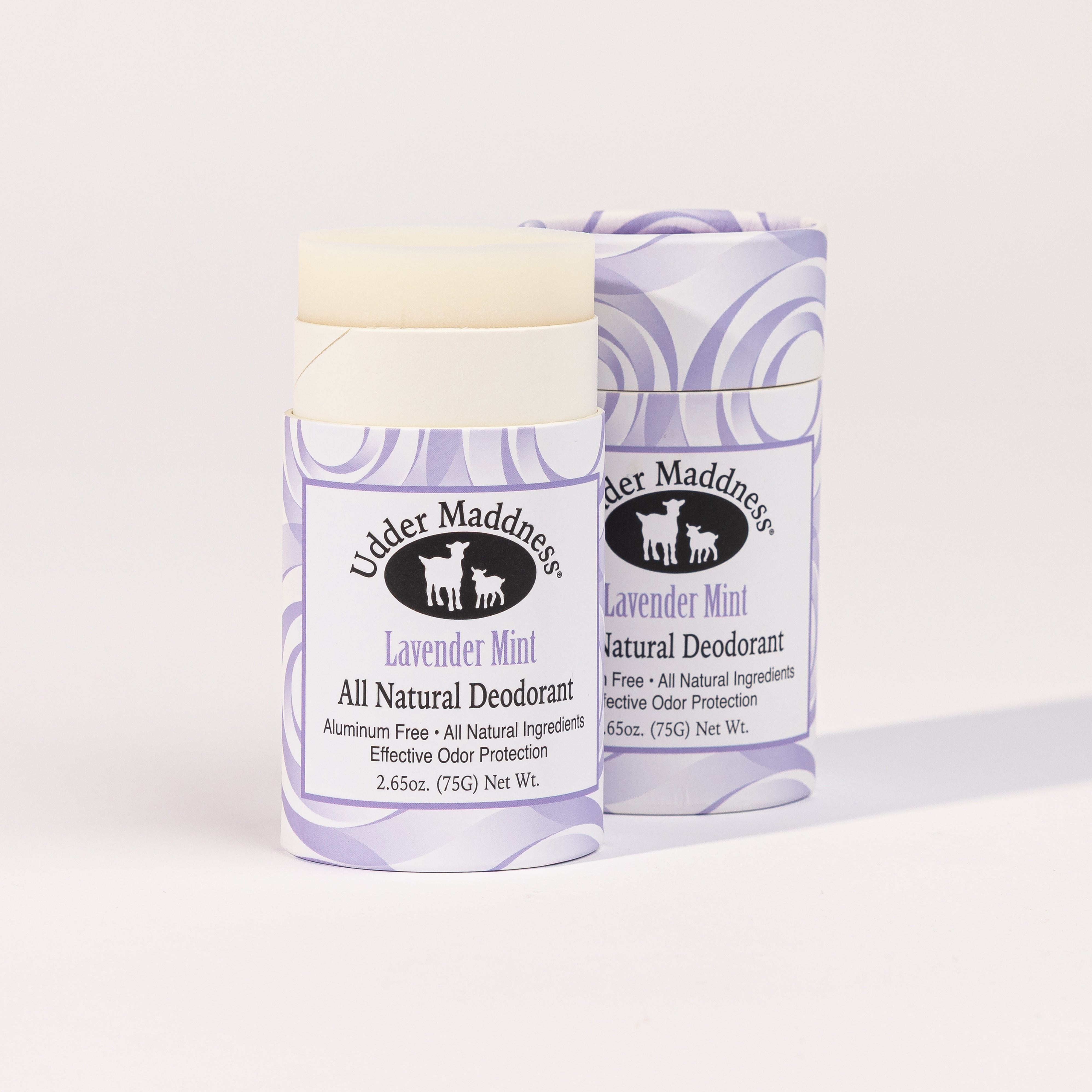 Madd House Hill Udder Maddness Lavender Mint Natural Deodorant — aluminum free, all-natural ingredients, open stick showing creamy deodorant, 2.65 oz