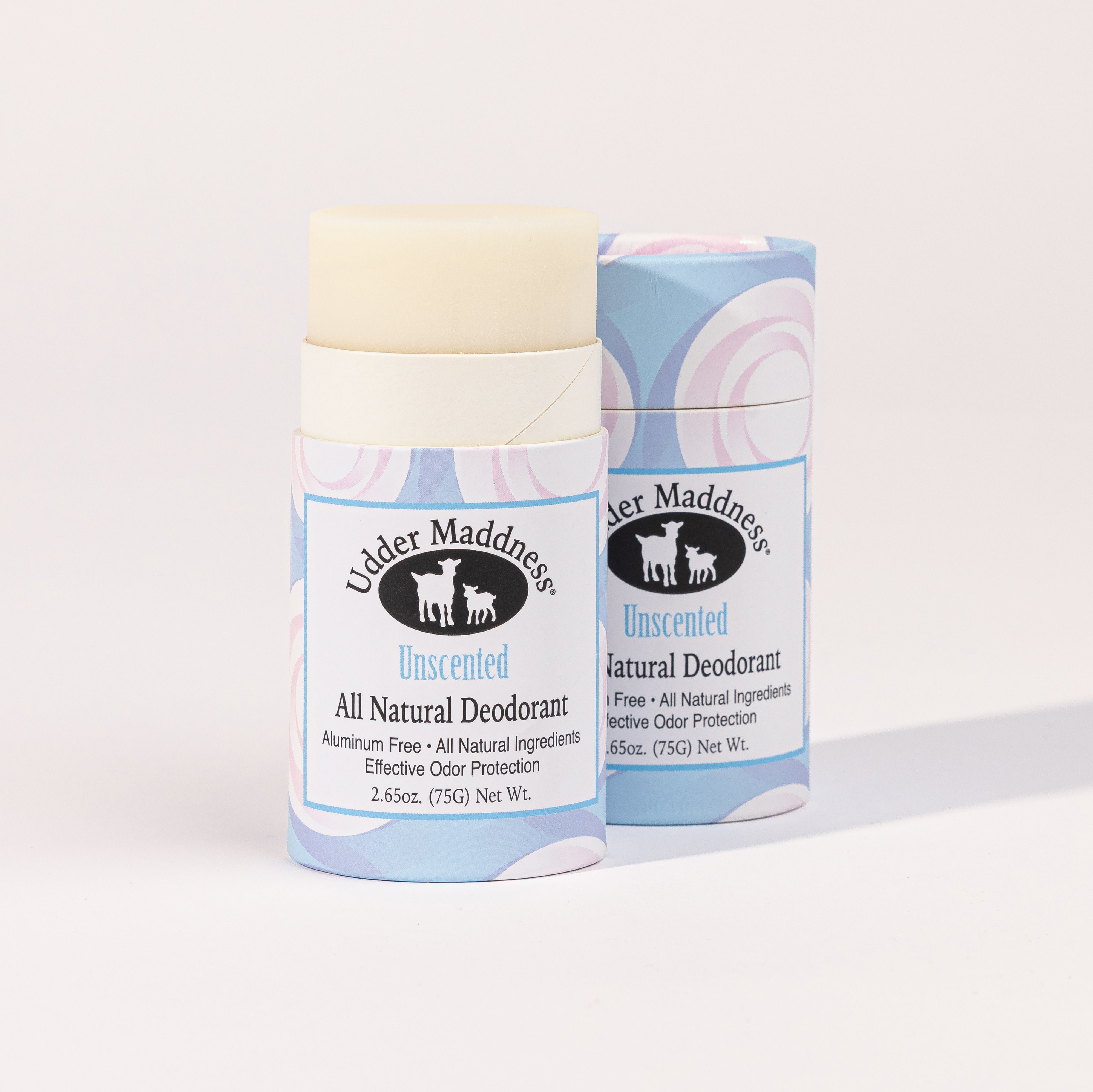 Madd House Hill Udder Maddness Unscented Natural Deodorant, aluminum free, all-natural ingredients, open stick showing creamy deodorant, 2.65 oz