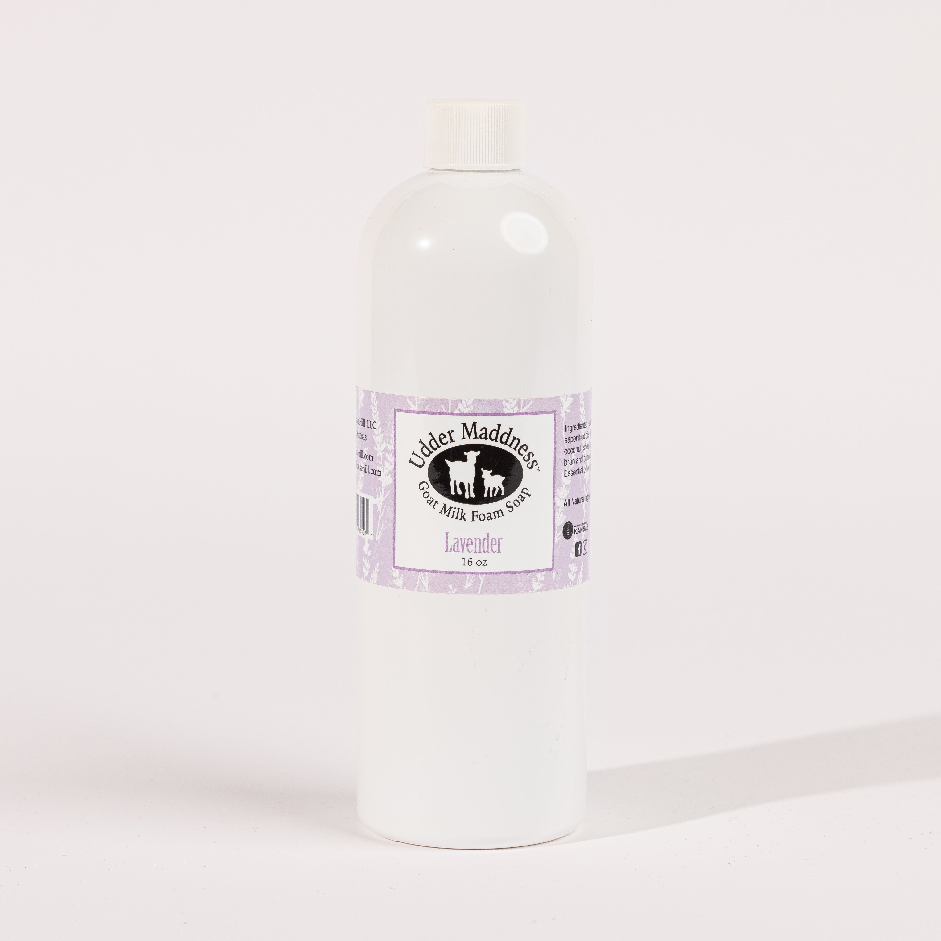 Madd House Hill Udder Maddness Lavender Goat Milk Foam Soap Refill — all-natural moisturizing foaming hand soap, 16 oz refill bottle, label detail