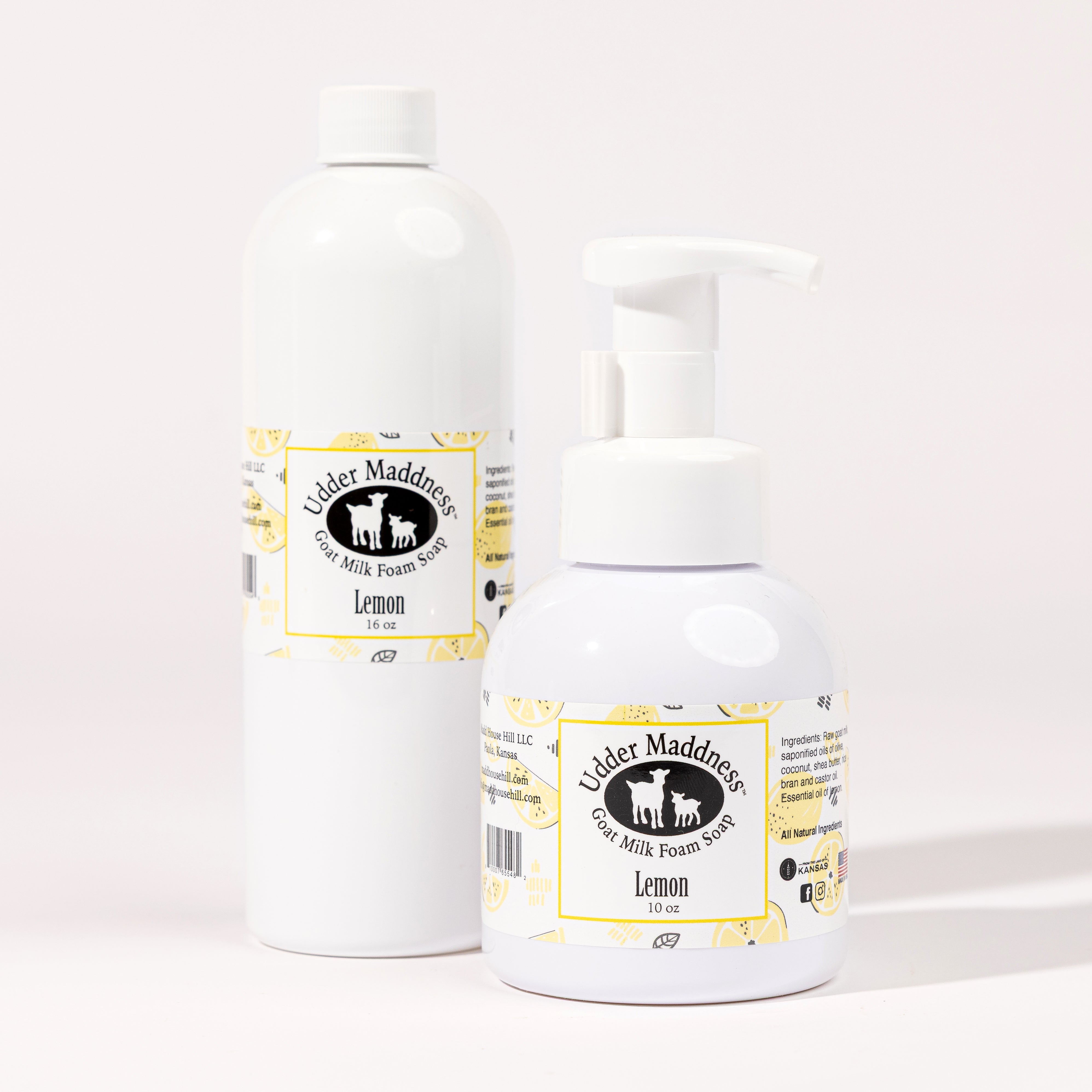 Madd House Hill Udder Maddness Lemon Goat Milk Foam Soap — all-natural moisturizing foaming hand soap, pump bottle with refill bottle, 10 oz