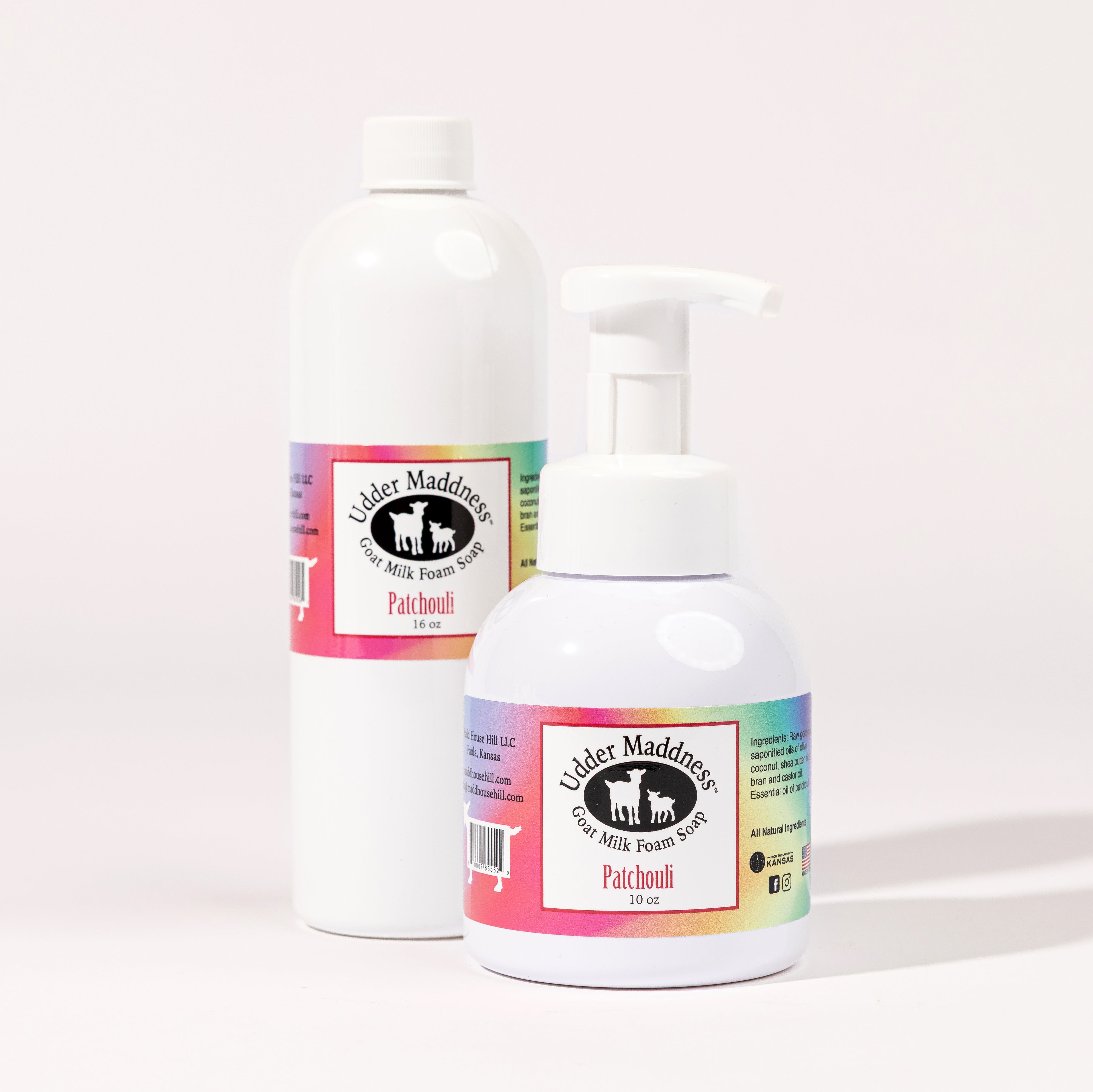 Madd House Hill Udder Maddness Patchouli Goat Milk Foam Soap — all-natural moisturizing foaming hand soap, pump bottle with refill bottle, 10 oz