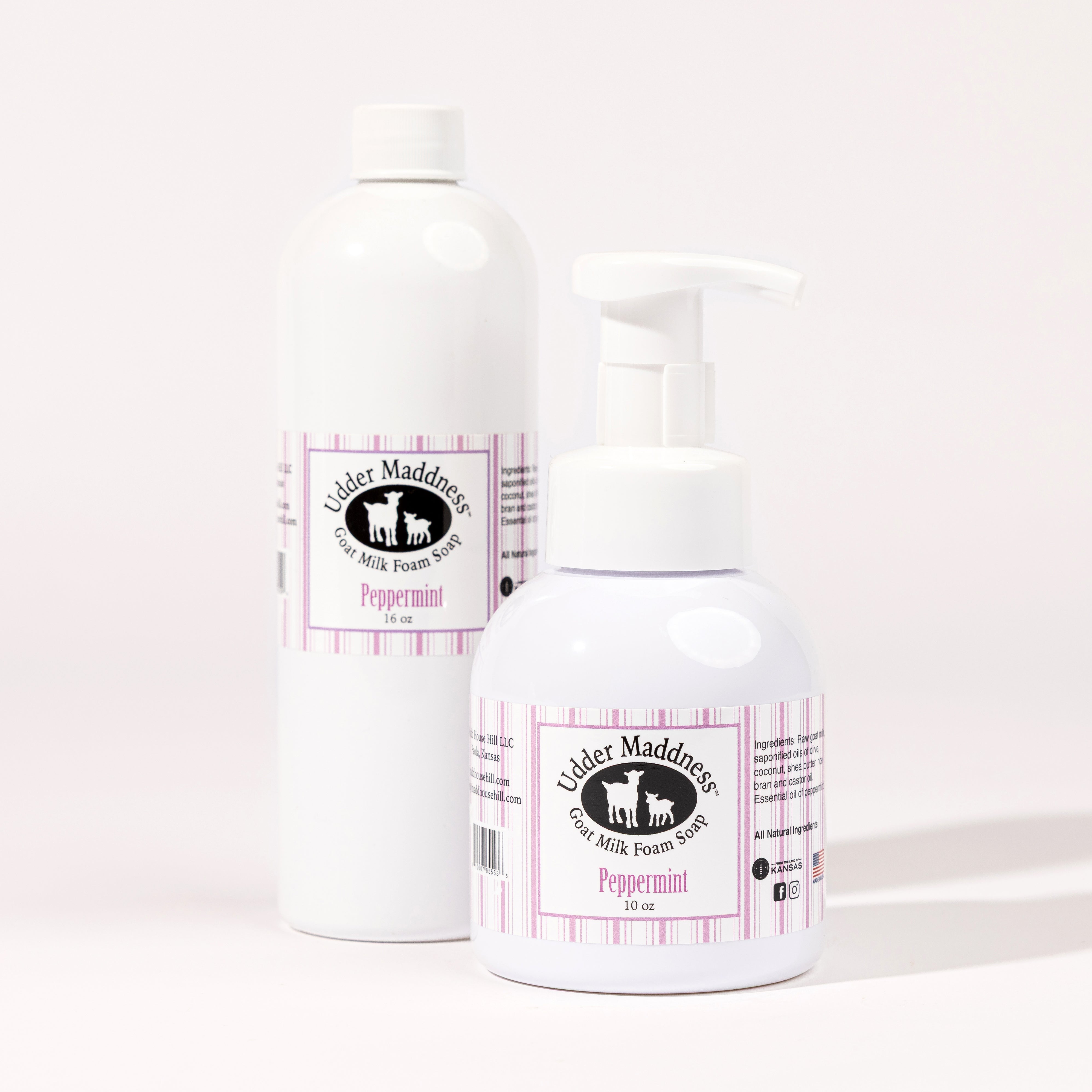 Madd House Hill Udder Maddness Peppermint Goat Milk Foam Soap — all-natural moisturizing foaming hand soap, pump bottle with refill bottle, 10 oz