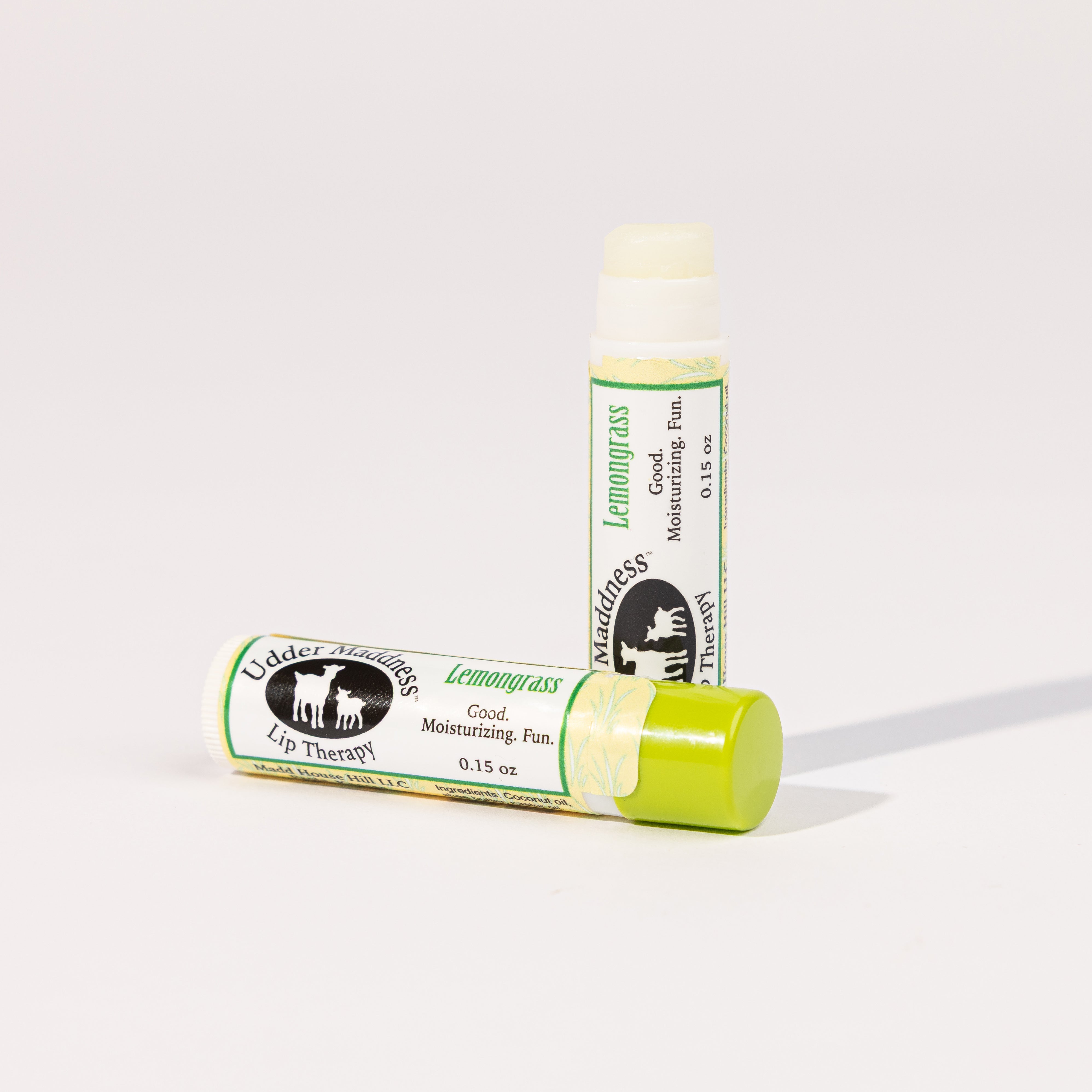 Madd House Hill Udder Maddness Lemongrass Lip Therapy — open lip balm showing moisturizing product, all-natural ingredients, 0.15 oz