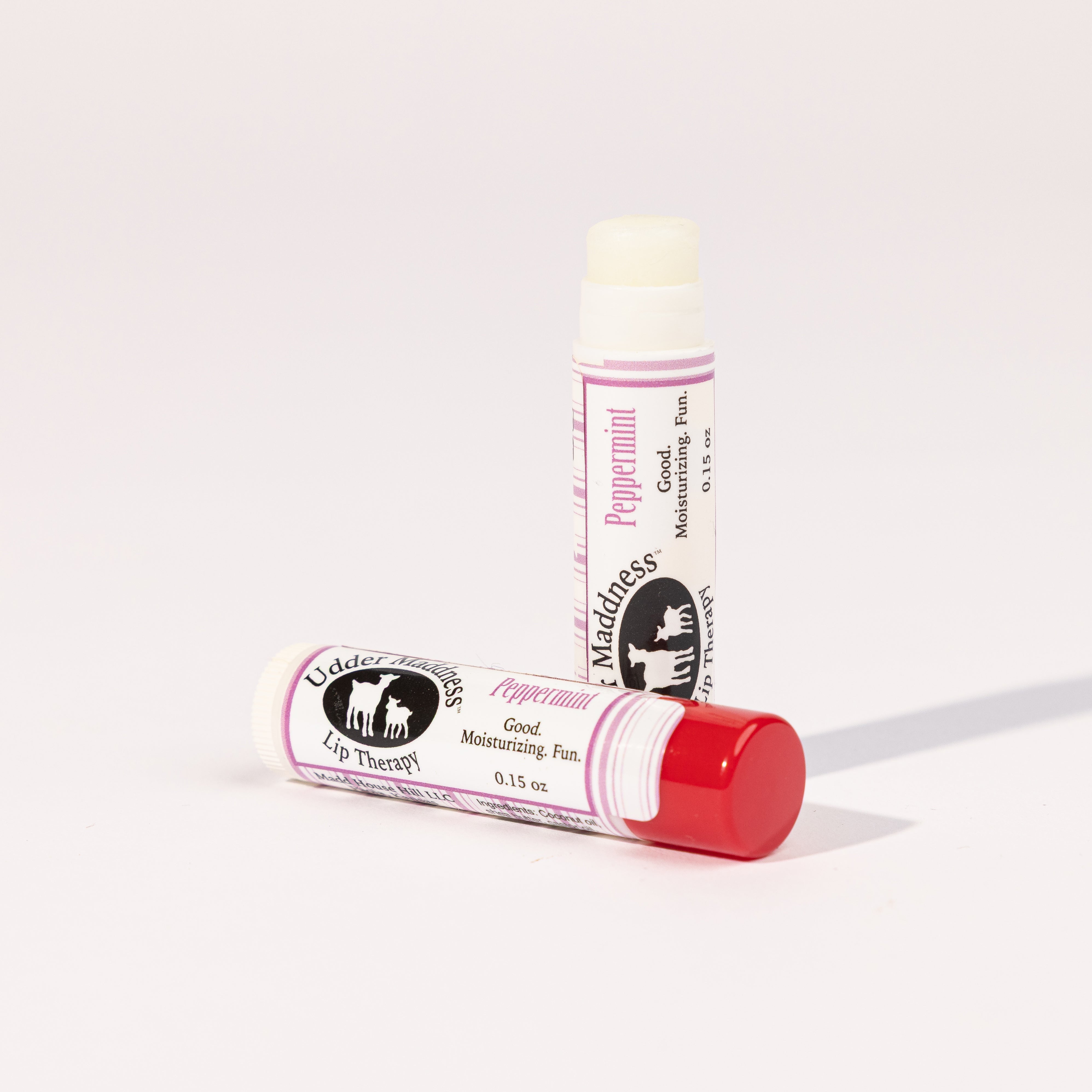 Madd House Hill Udder Maddness Peppermint Lip Therapy — open lip balm showing moisturizing product, all-natural ingredients, 0.15 oz