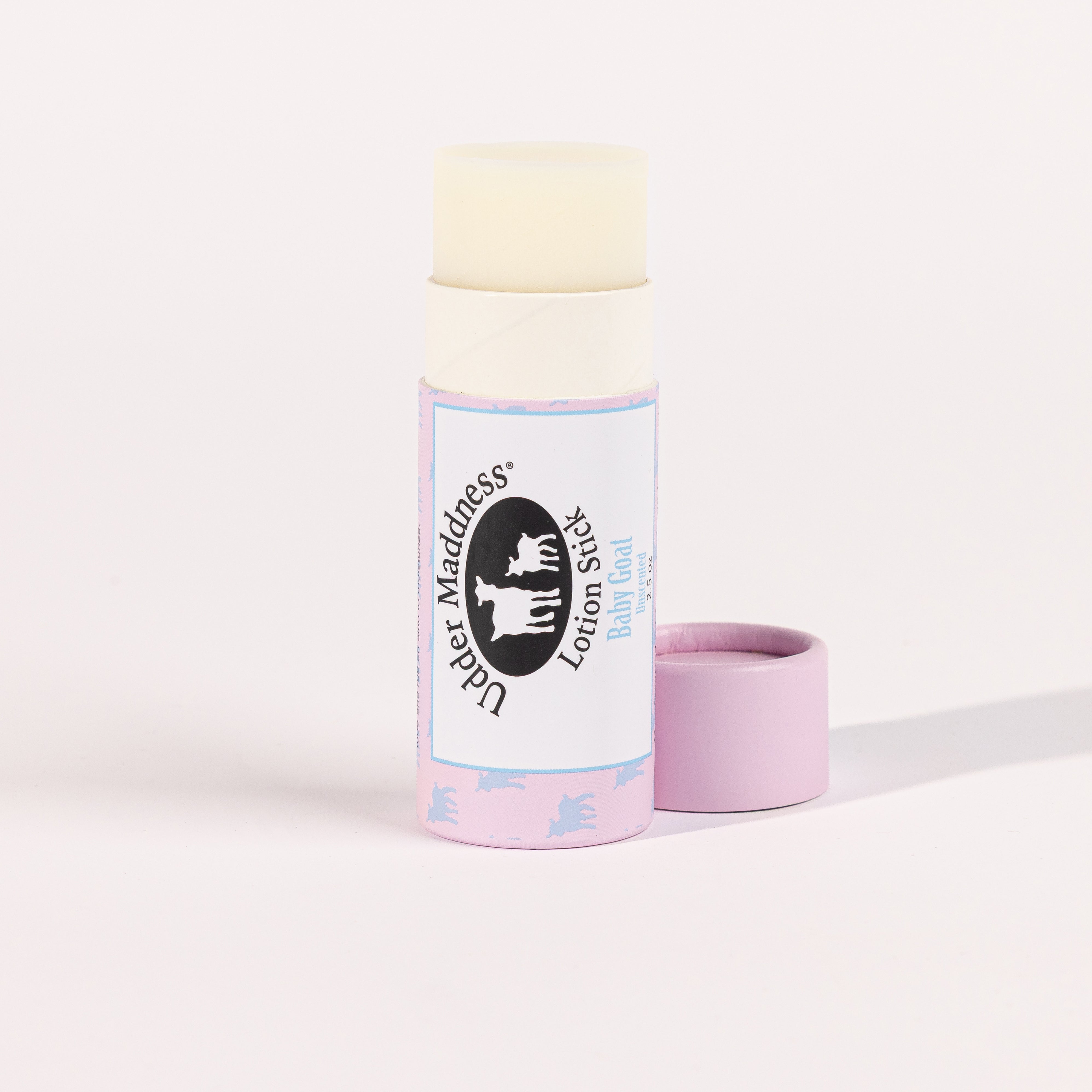 Madd House Hill Udder Maddness Baby Goat Unscented Lotion Stick — open stick showing creamy goat milk lotion, all-natural moisturizer, 2.65 oz