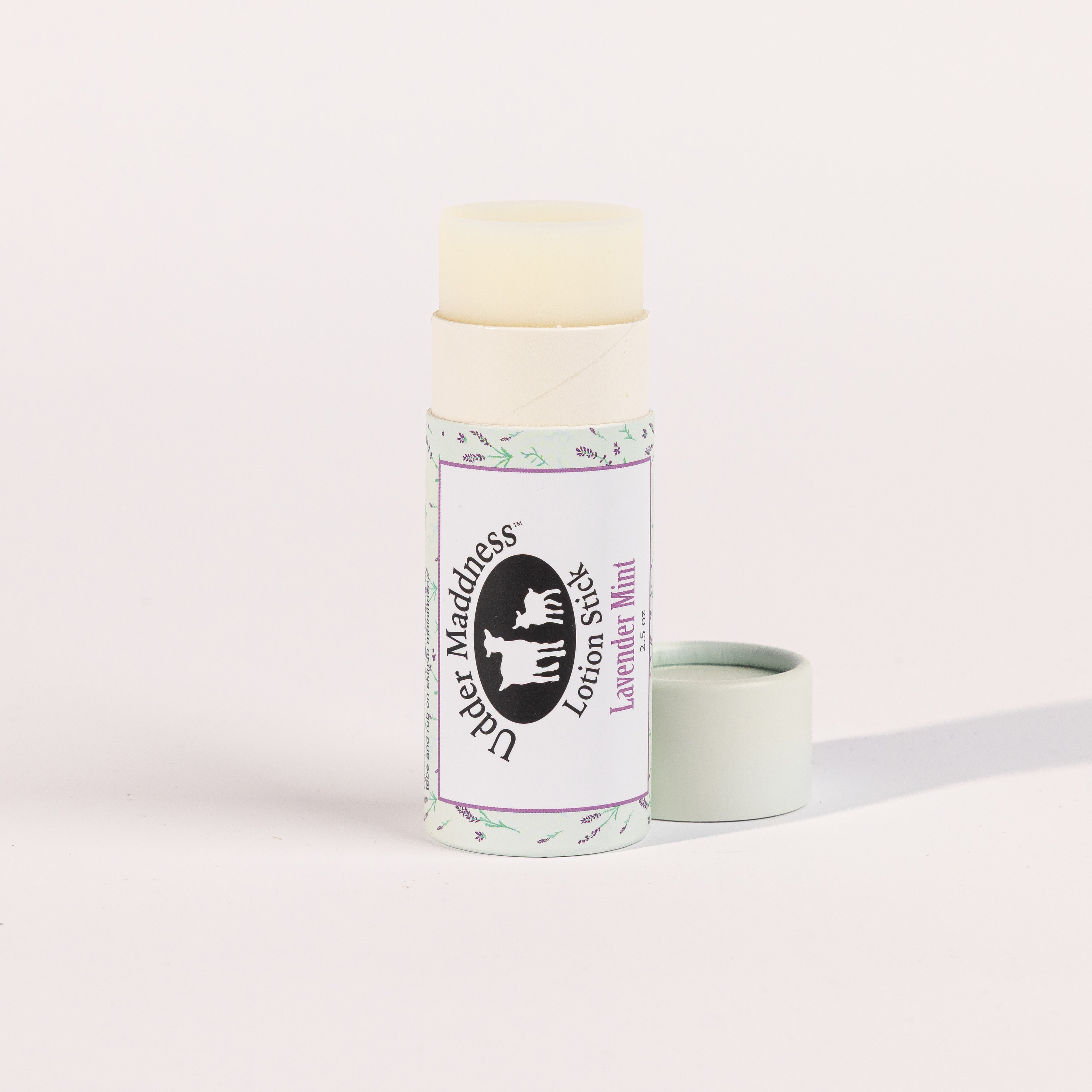  Madd House Hill Udder Maddness Lavender Mint Goat Milk Lotion Stick — open stick showing creamy goat milk lotion, all-natural moisturizer, 2.65 oz