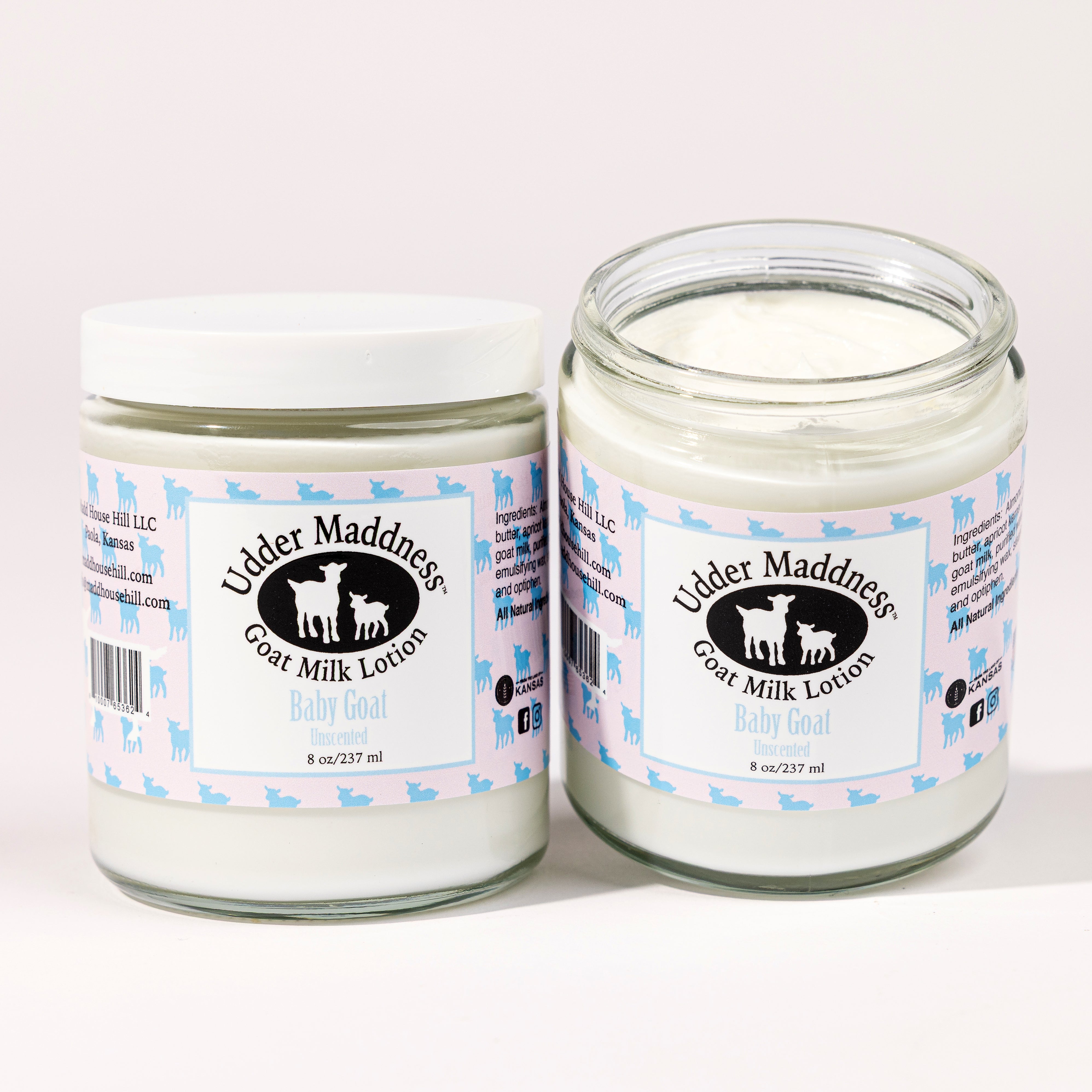 Madd House Hill Udder Maddness Unscented Goat Milk Lotion 8 oz, all-natural goat milk moisturizer, open jar showing rich creamy texture