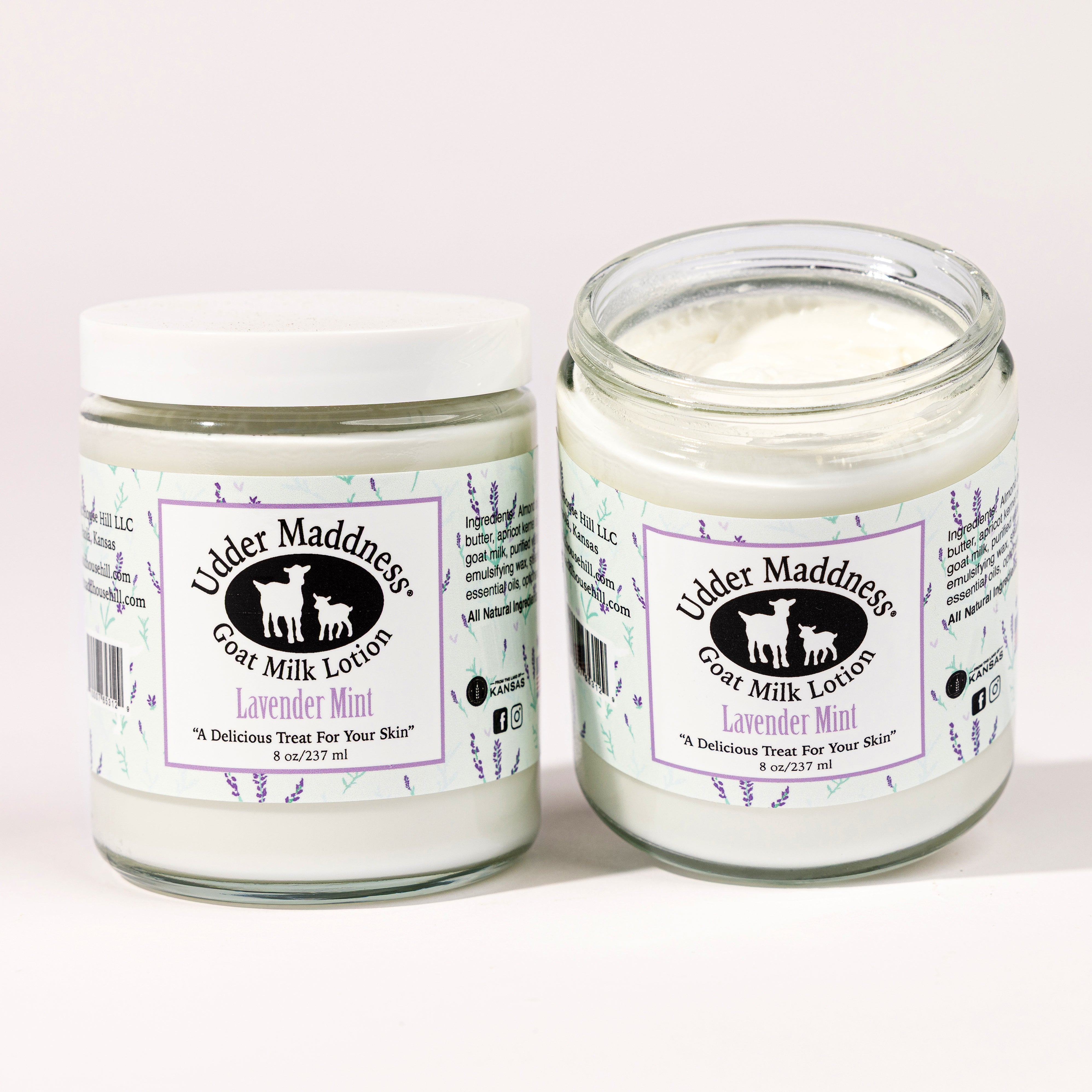 Madd House Hill Udder Maddness Lavender Mint Goat Milk Lotion 8 oz, all-natural goat milk moisturizer, open jar showing rich creamy texture
