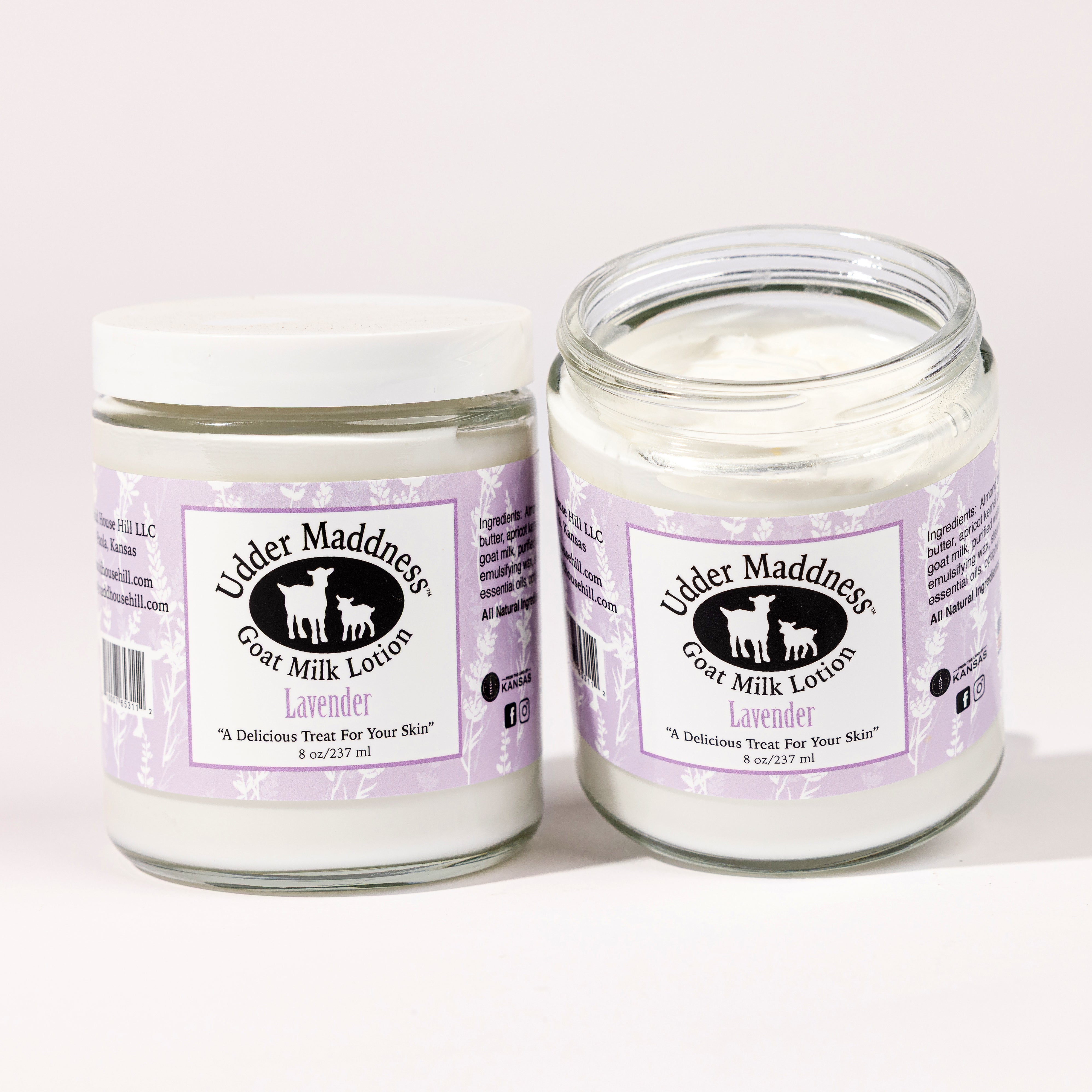 Madd House Hill Udder Maddness Lavender Goat Milk Lotion 8 oz, all-natural goat milk moisturizer, open jar showing rich creamy texture