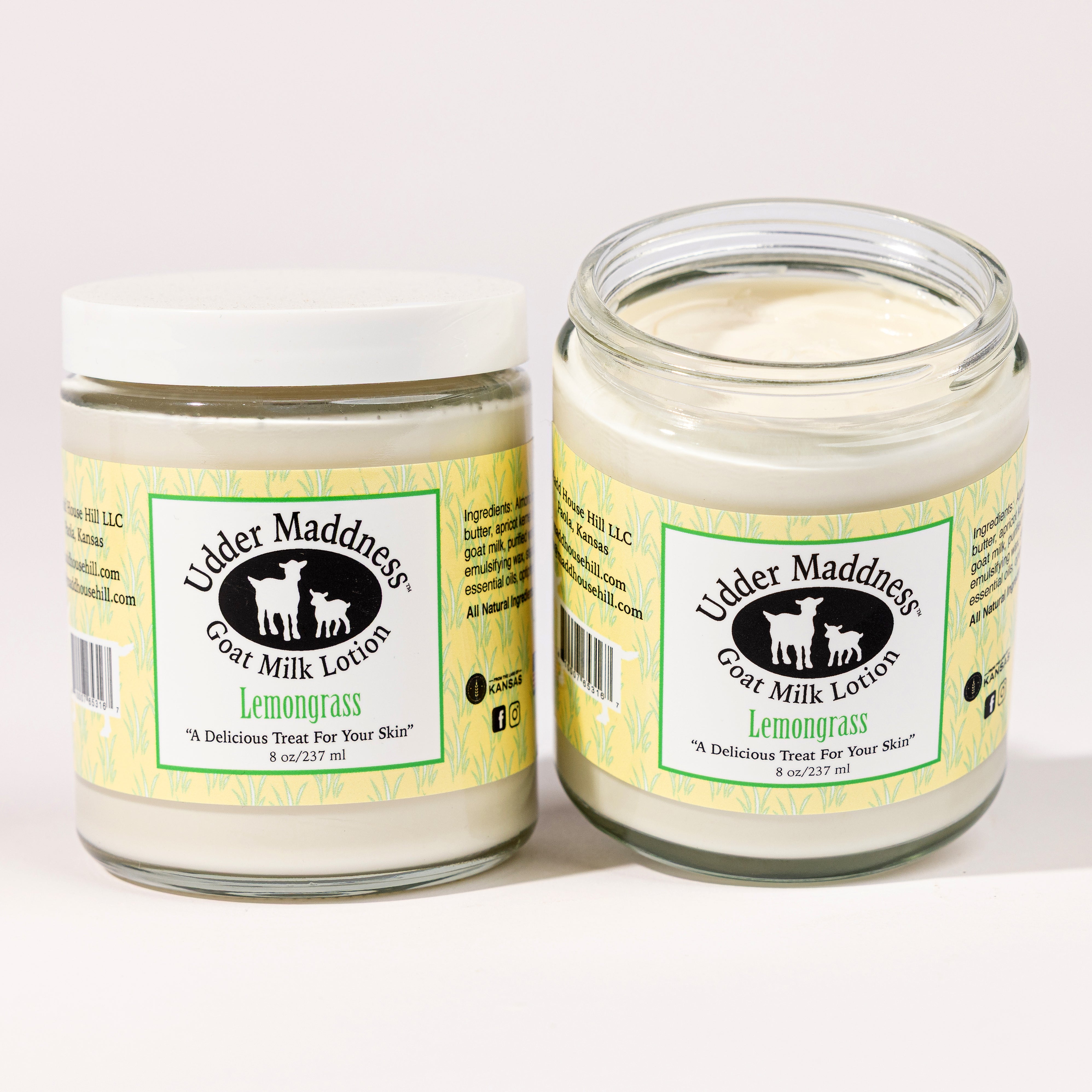 Madd House Hill Udder Maddness Lemongrass Goat Milk Lotion 8 oz, all-natural goat milk moisturizer, open jar showing rich creamy texture