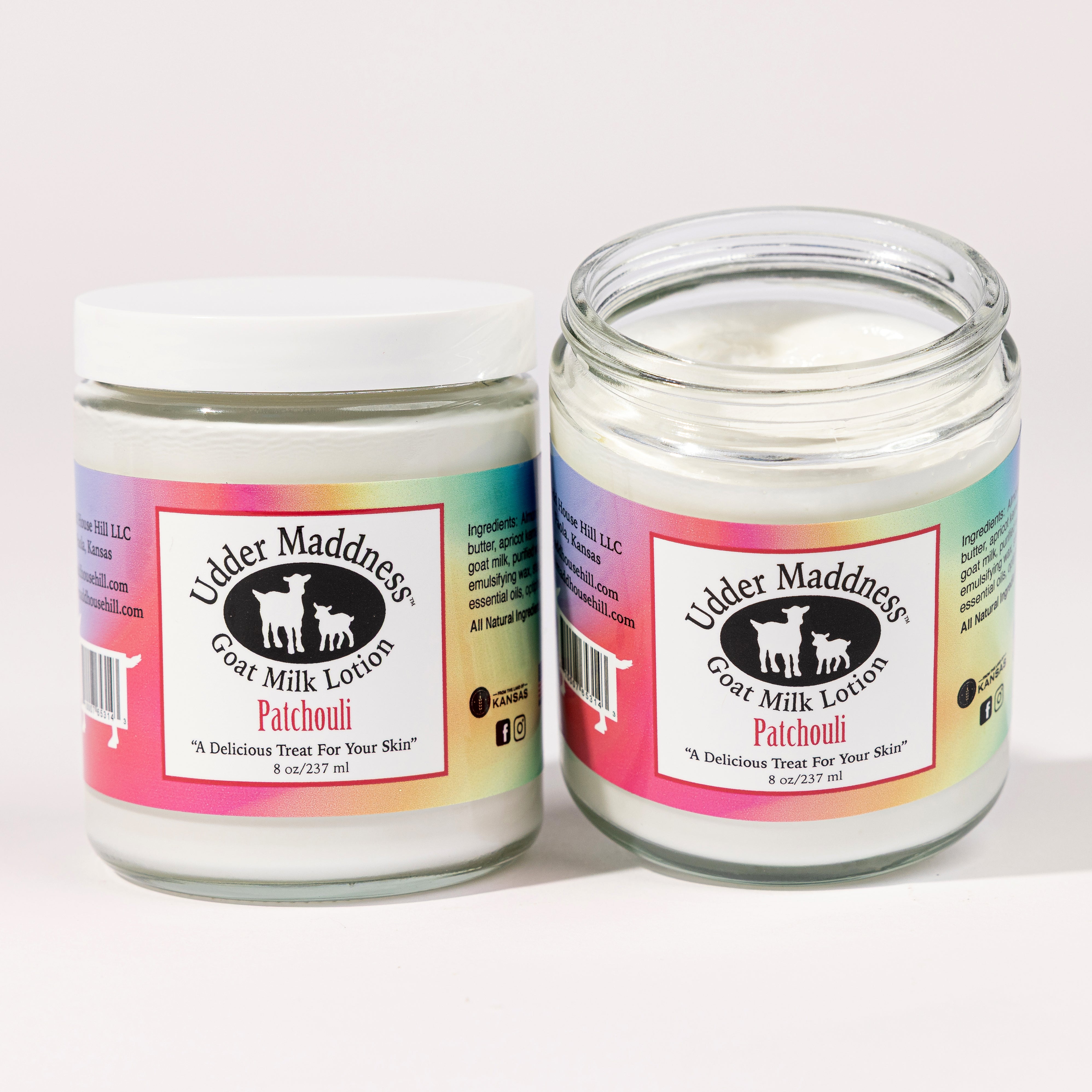 Madd House Hill Udder Maddness Patchouli Goat Milk Lotion 8 oz, all-natural goat milk moisturizer, open jar showing rich creamy texture