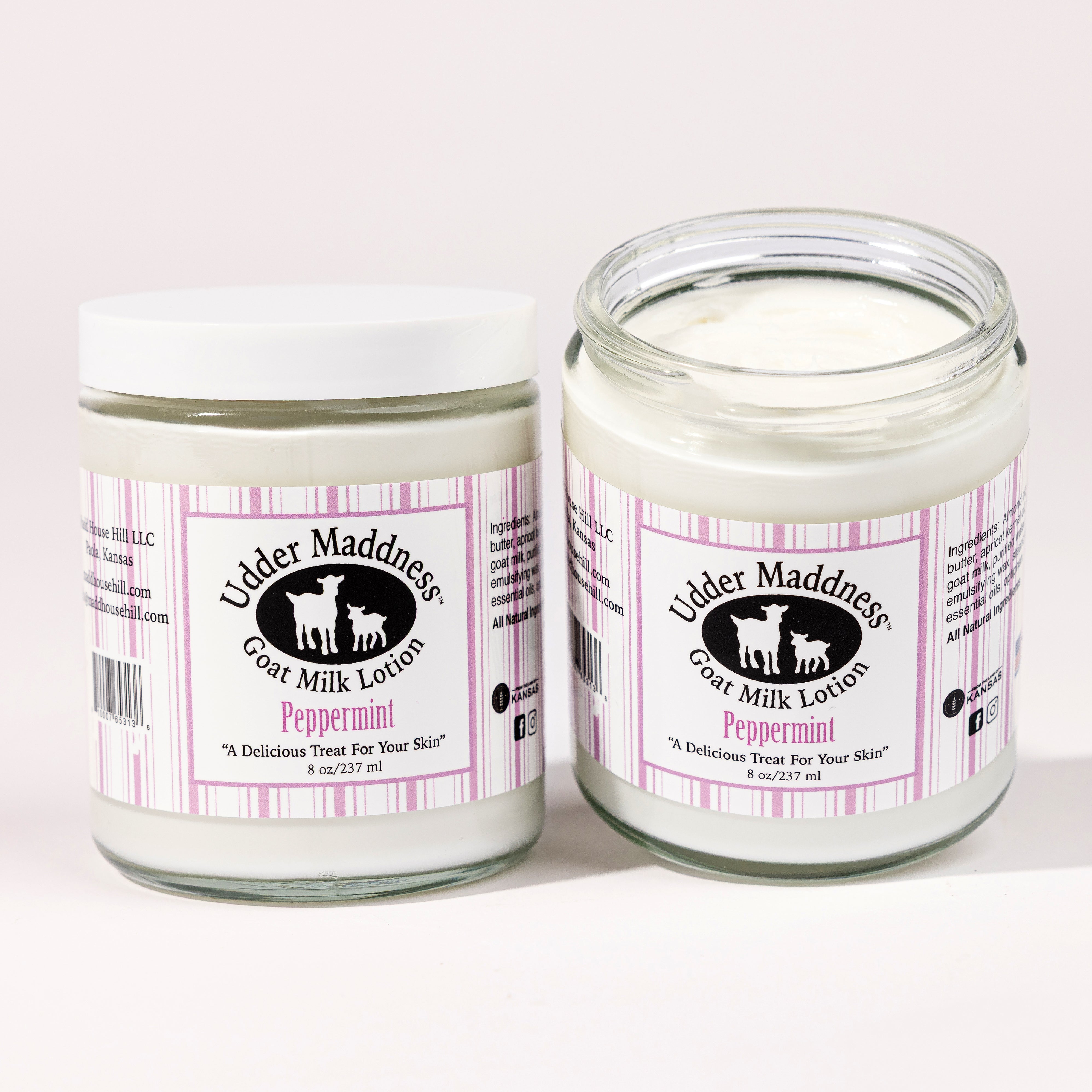 Madd House Hill Udder Maddness Peppermint Goat Milk Lotion 8 oz, all-natural goat milk moisturizer, open jar showing rich creamy texture