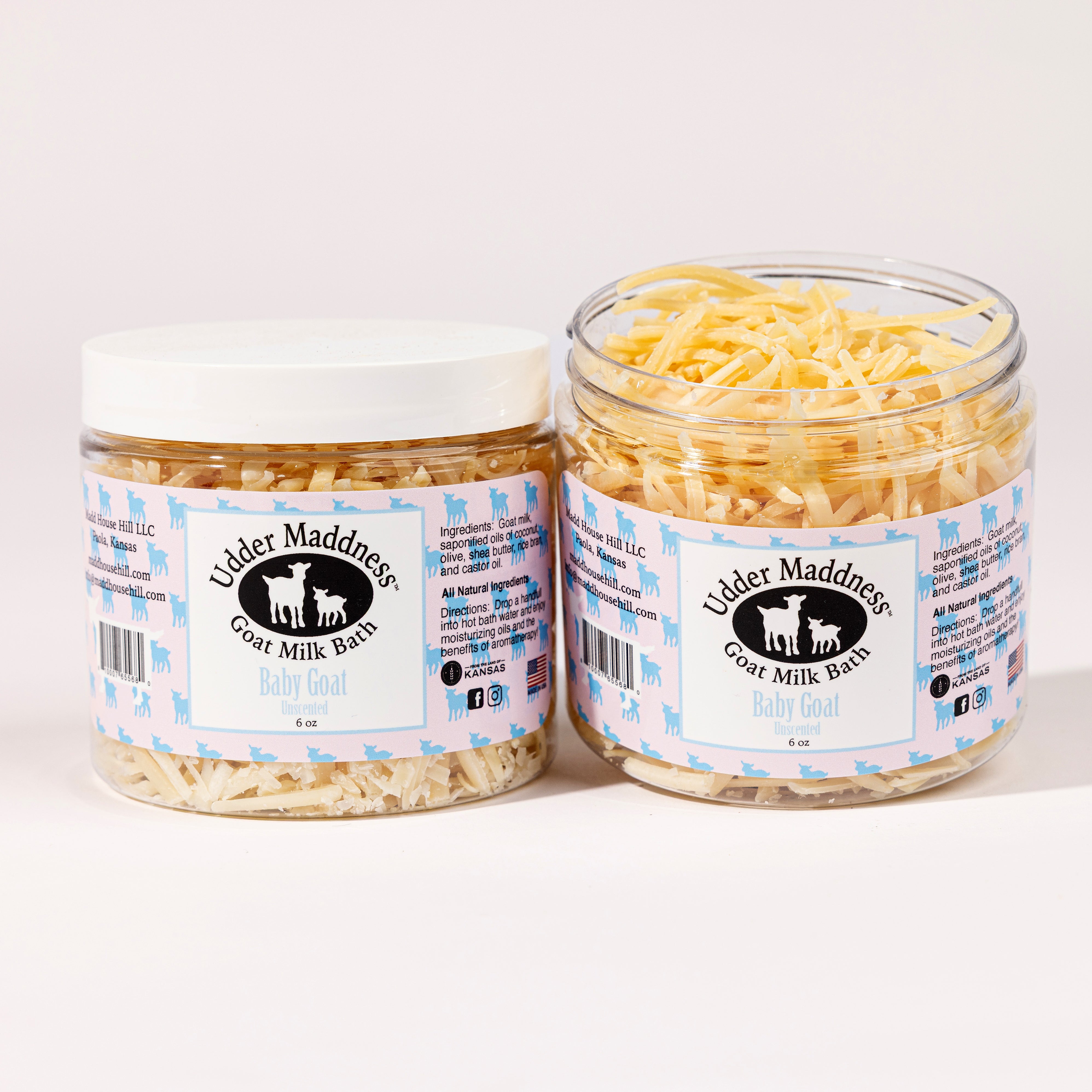Madd House Hill Udder Maddness Unscented Goat Milk Bath Soak — two open jars showing milk flake texture, all-natural moisturizing bath soak