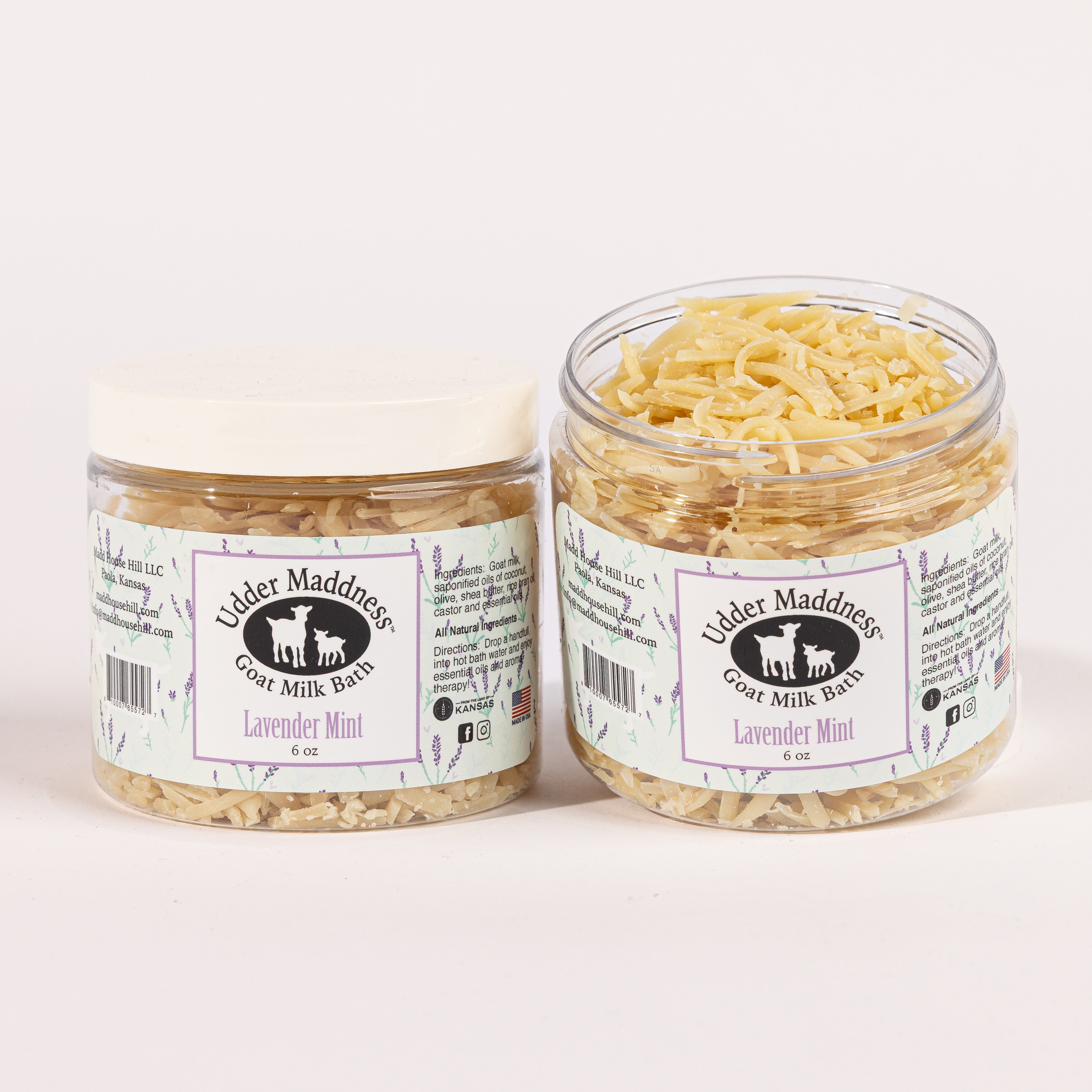 Madd House Hill Udder Maddness Lavender Mint Goat Milk Bath Soak — two open jars showing milk flake texture, all-natural moisturizing bath soak