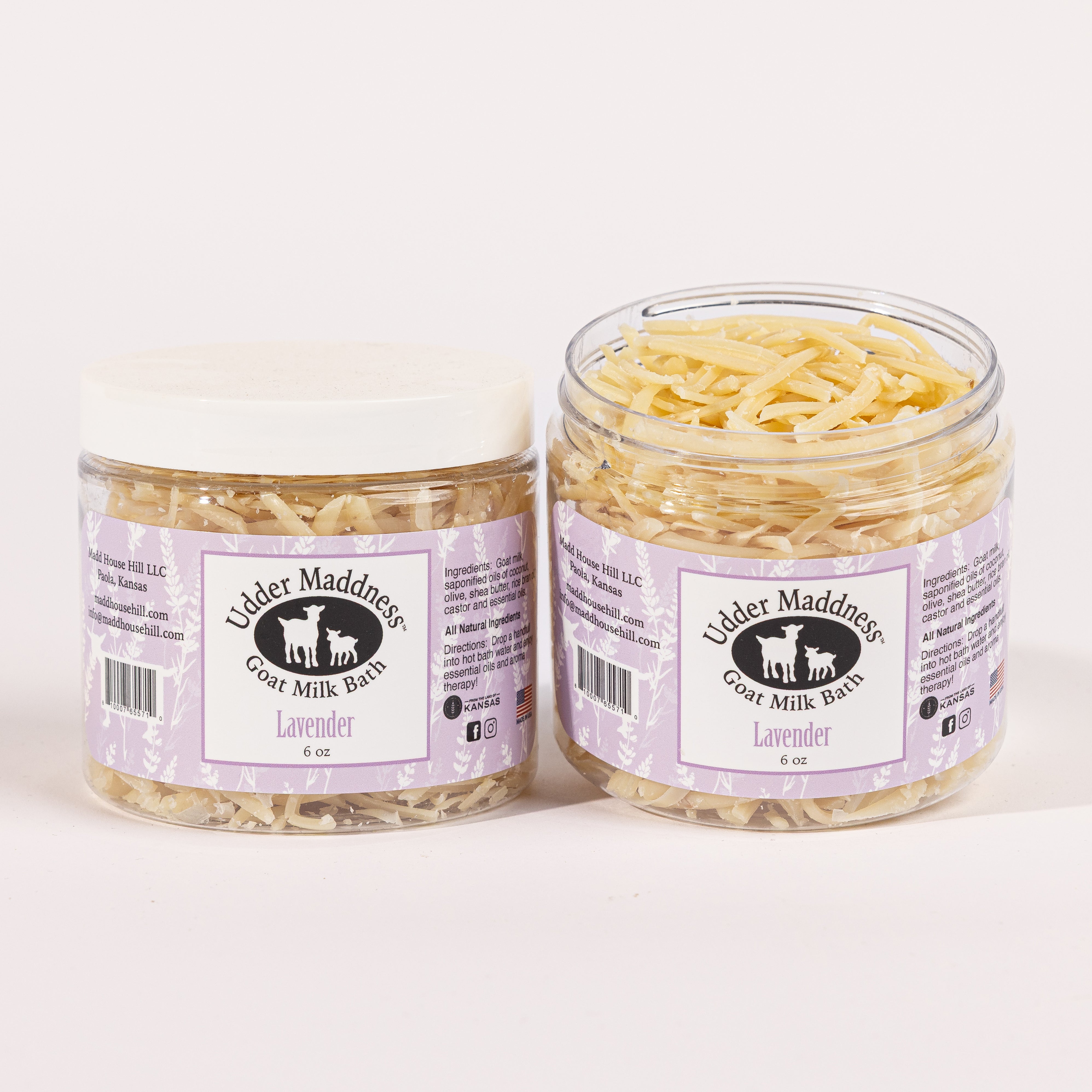 Madd House Hill Udder Maddness Lavender Goat Milk Bath Soak — two open jars showing milk flake texture, all-natural moisturizing bath soak
