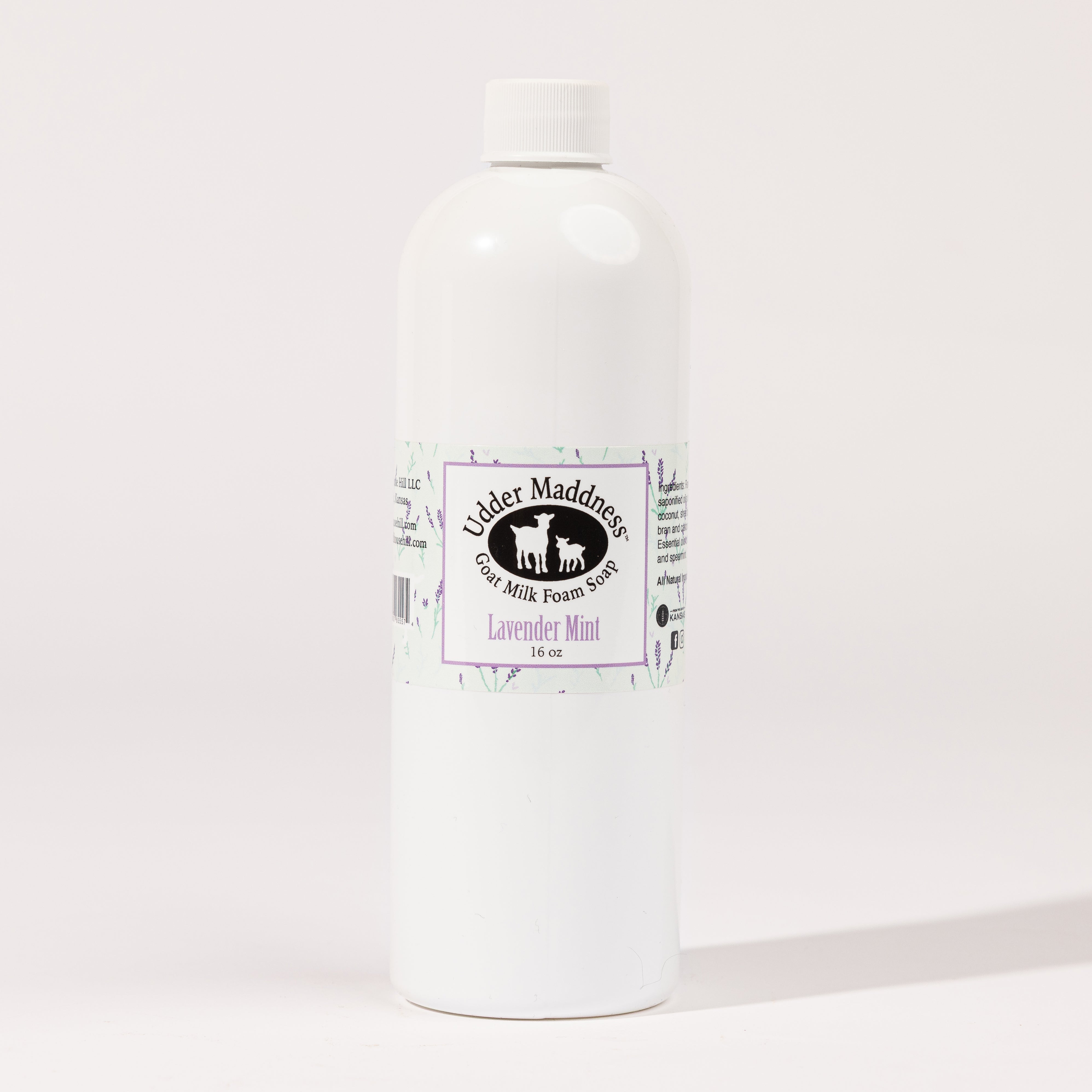 Madd House Hill Udder Maddness Lavender Mint Goat Milk Foam Soap Refill — all-natural moisturizing foaming hand soap, 16 oz refill bottle, label detail