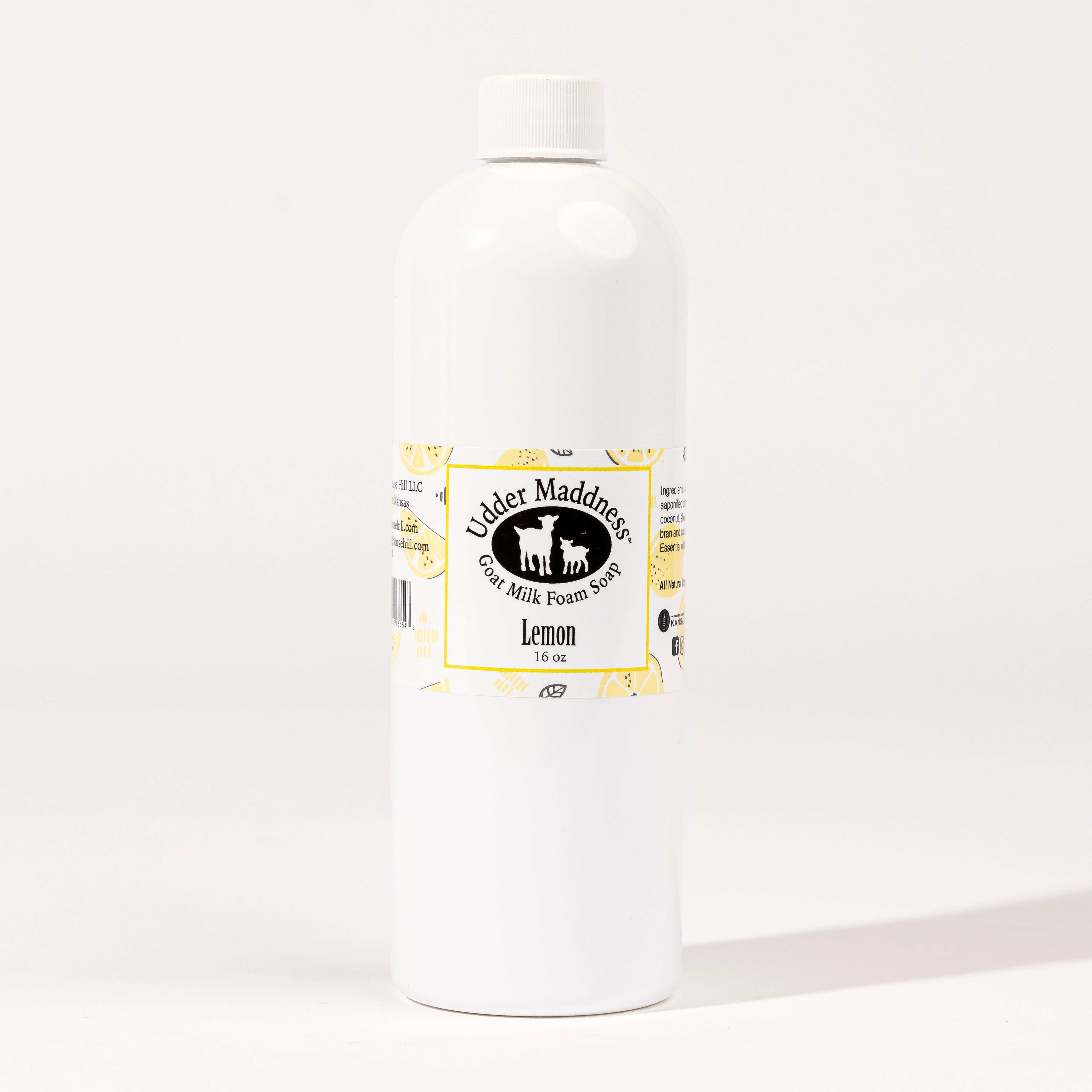 Madd House Hill Udder Maddness Lemon Goat Milk Foam Soap Refill — all-natural moisturizing foaming hand soap, 16 oz refill bottle, label detail