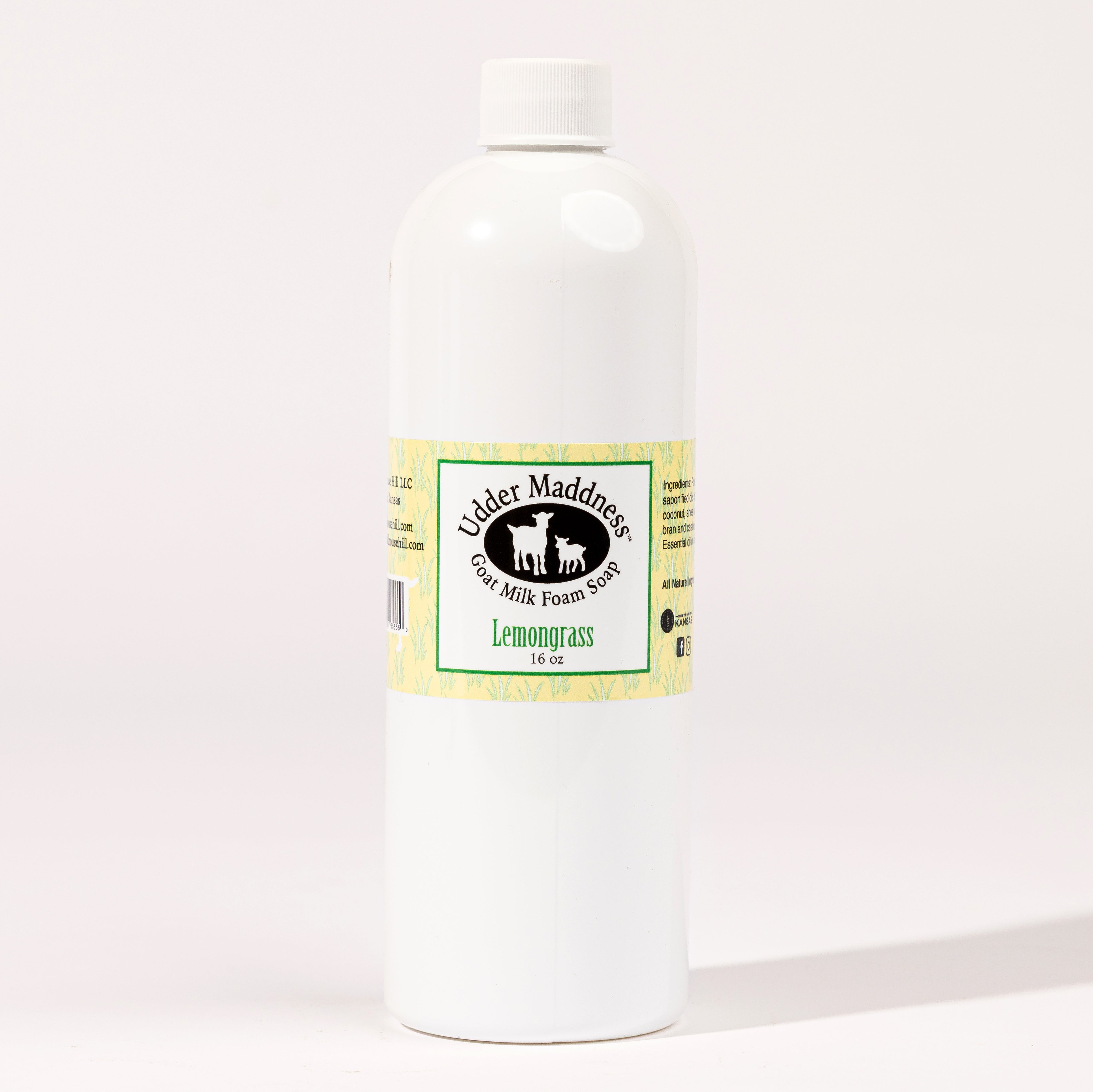 Madd House Hill Udder Maddness Lemongrass Goat Milk Foam Soap Refill — all-natural moisturizing foaming hand soap, 16 oz refill bottle, label detail