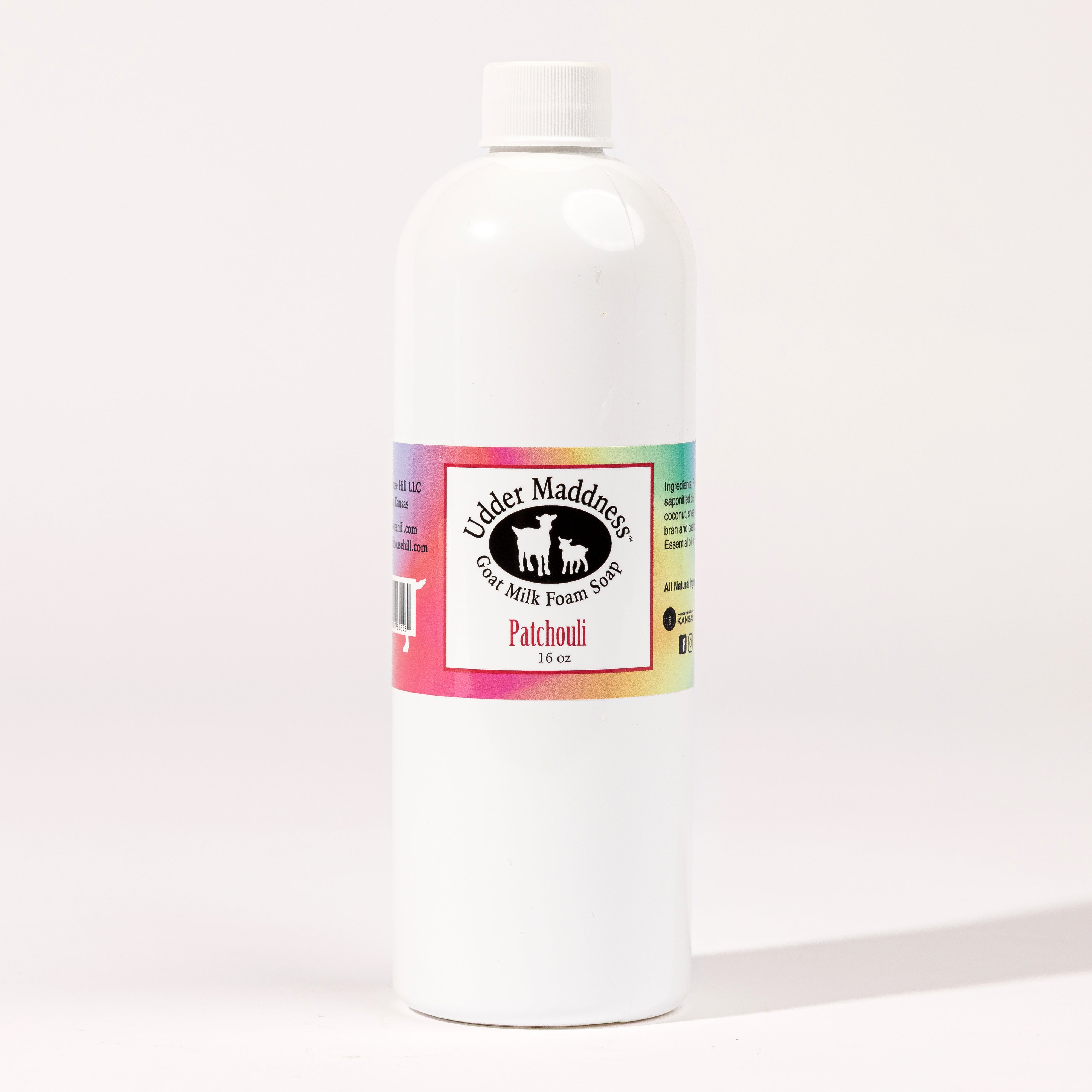 Madd House Hill Udder Maddness Patchouli Goat Milk Foam Soap Refill — all-natural moisturizing foaming hand soap, 16 oz refill bottle, label detail