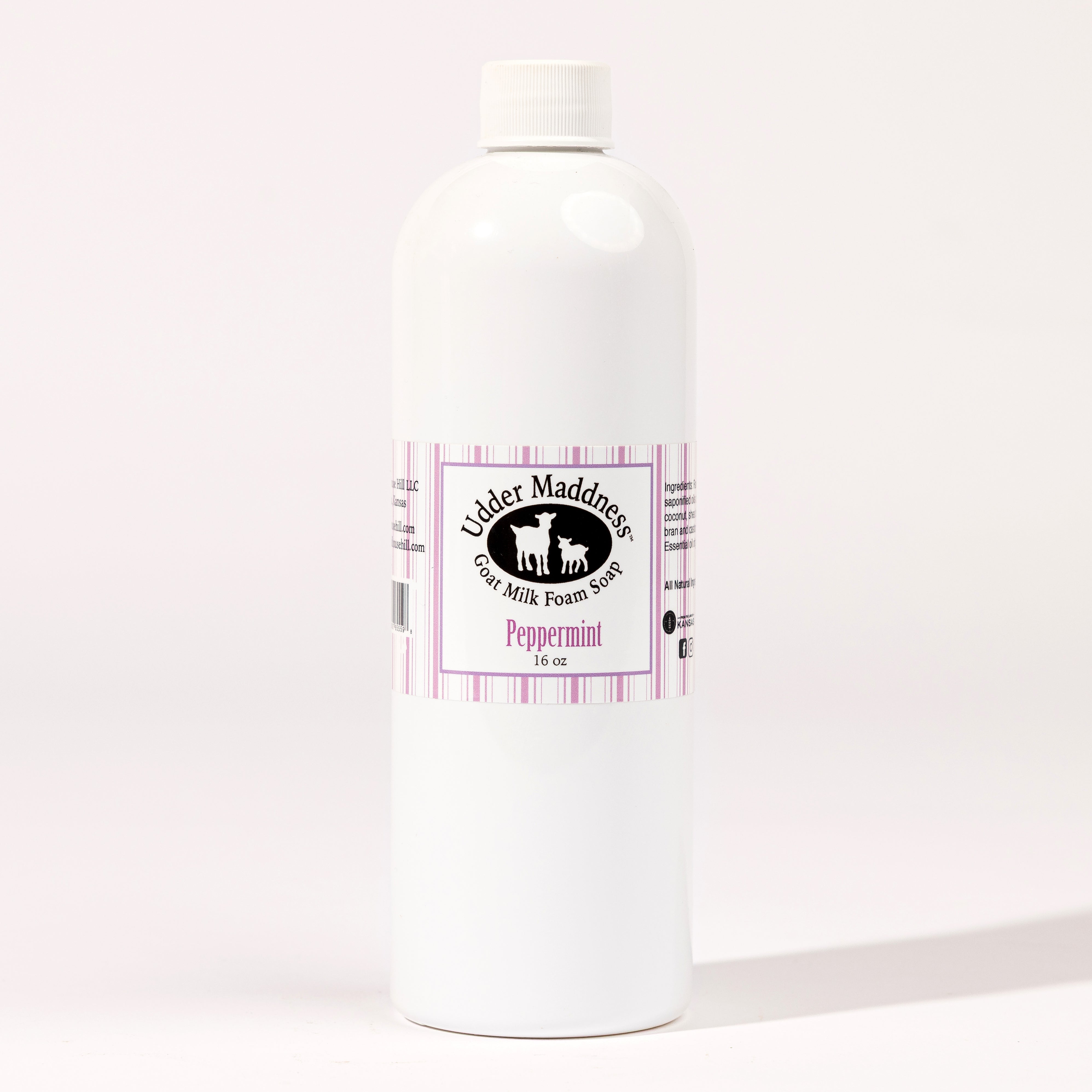 Madd House Hill Udder Maddness Peppermint Goat Milk Foam Soap Refill — all-natural moisturizing foaming hand soap, 16 oz refill bottle, label detail