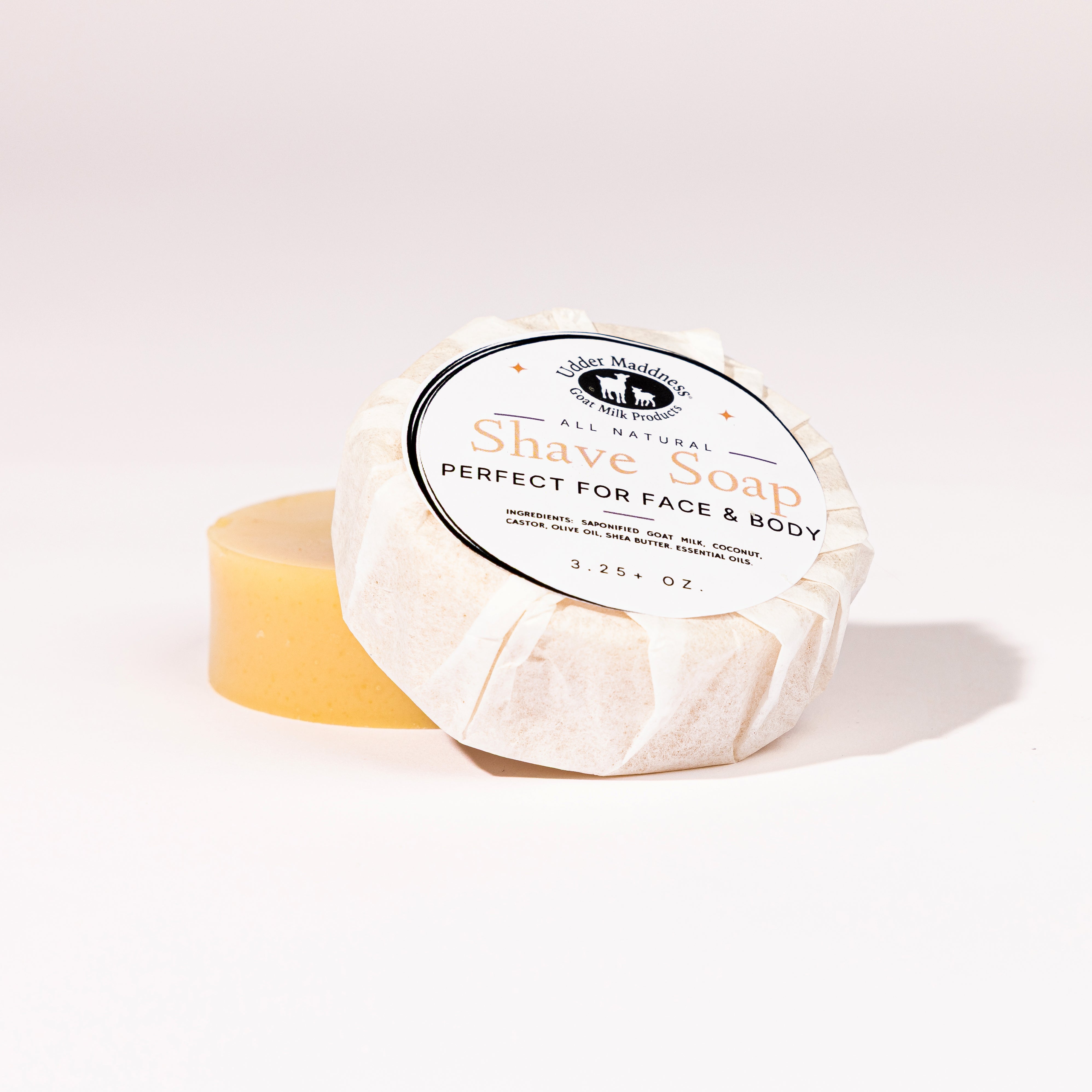 Goat milk shave soap bar with packaging natural face and body shaving Madd House Hill Udder Maddness