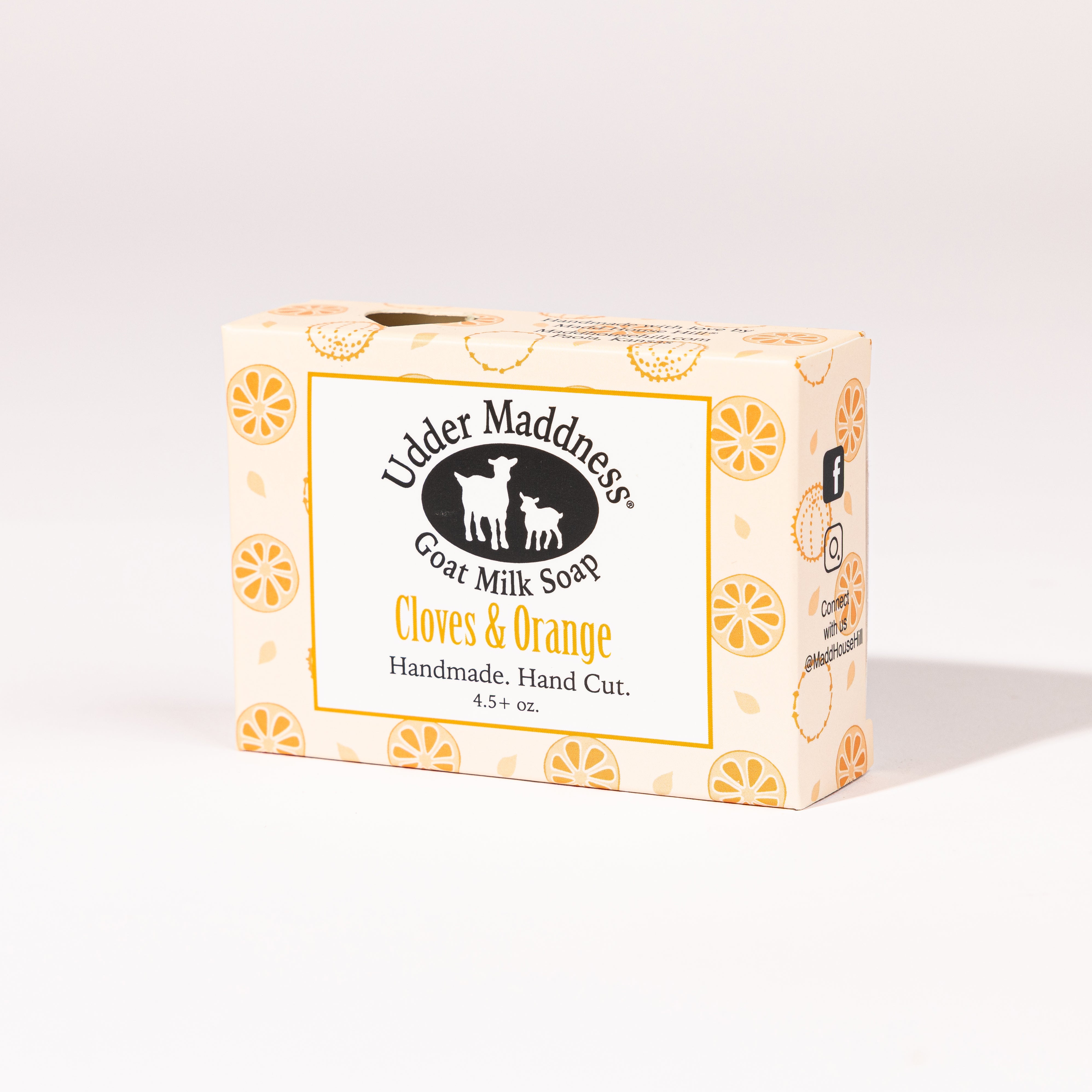 Madd House Hill Udder Maddness Cloves & Orange Goat Milk Soap — handmade hand cut bar in packaging, all-natural goat milk soap, 4.5 oz