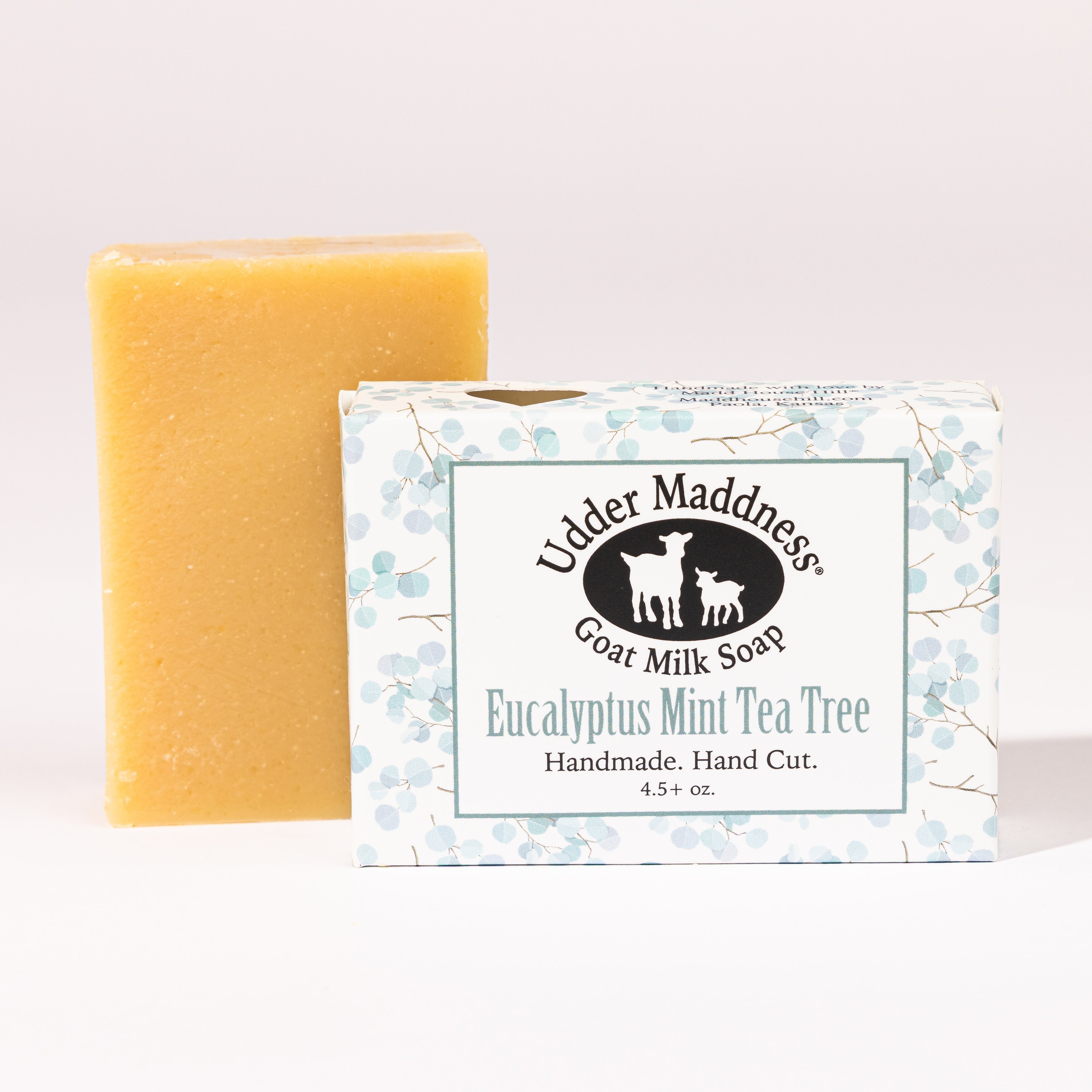 Madd House Hill Udder Maddness Eucalyptus Mint Tea Tree Goat Milk Soap — handmade hand cut bar with packaging, all-natural goat milk soap, 4.5 oz