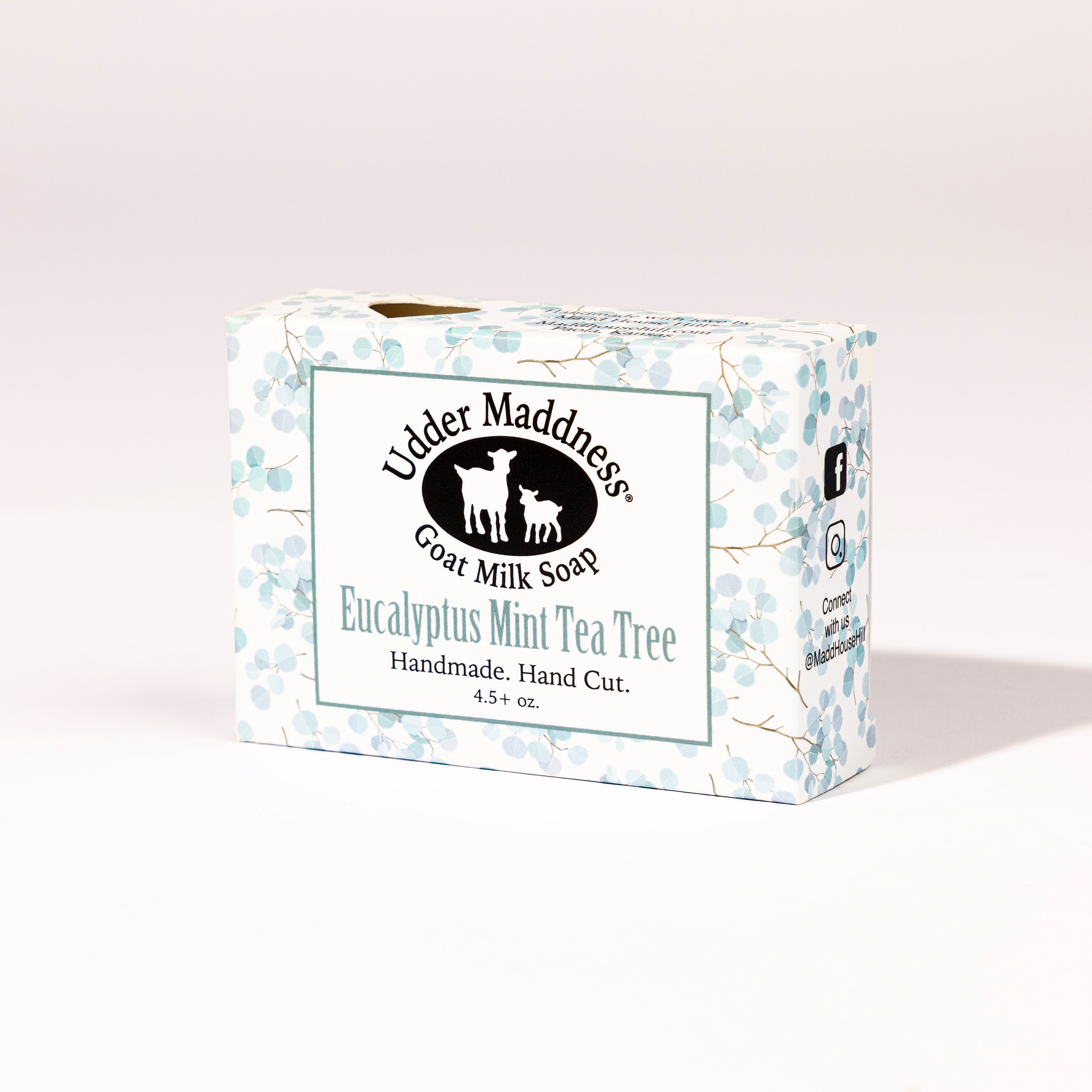 Madd House Hill Udder Maddness Eucalyptus Mint Tea Tree Goat Milk Soap — handmade hand cut bar in packaging, all-natural goat milk soap, 4.5 oz