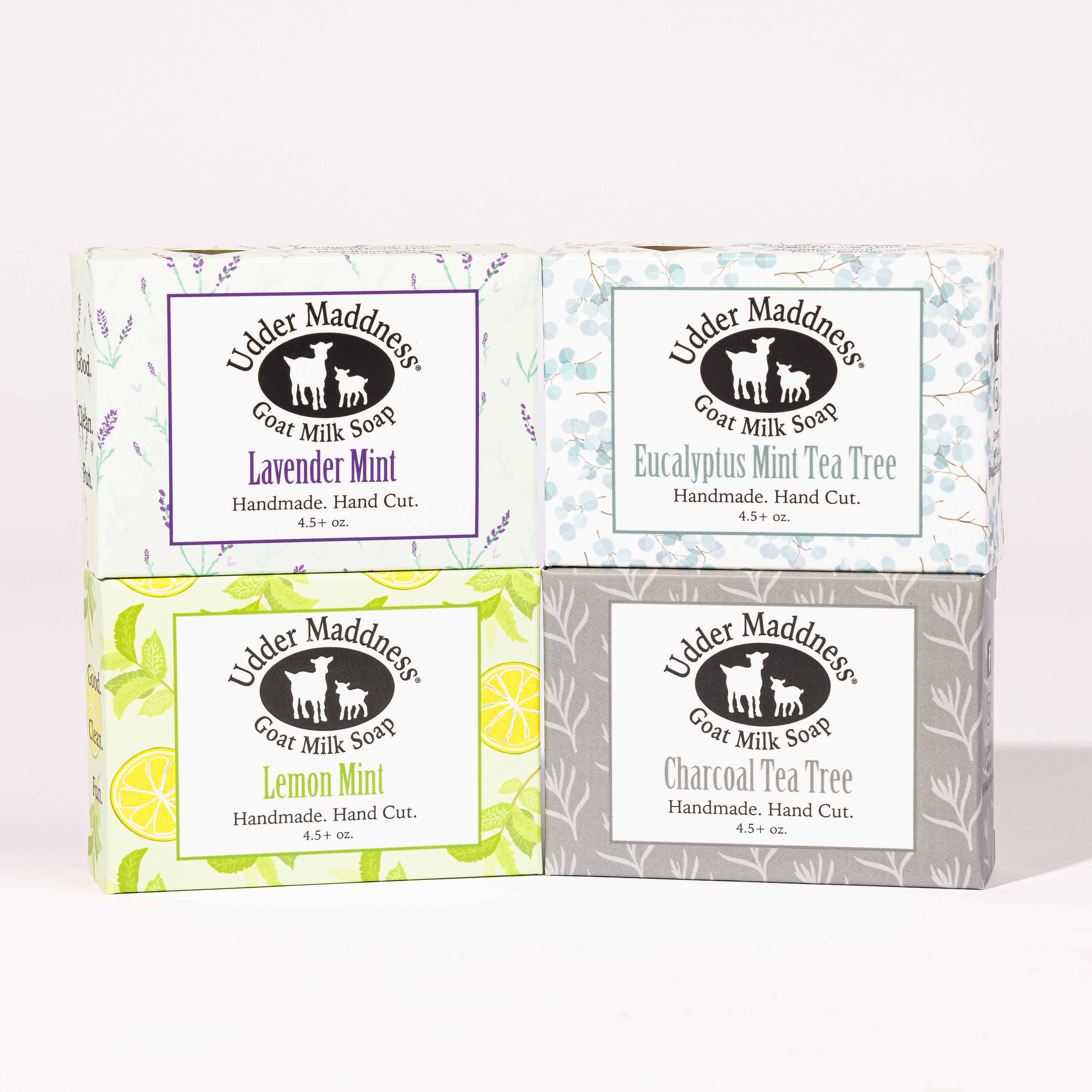 Madd House Hill Udder Maddness Four Bar Favorites Goat Milk Soap Gift Set — Lavender Mint, Eucalyptus Mint Tea Tree, Lemon Mint, and Charcoal Tea Tree, handmade hand cut, 4.5 oz each