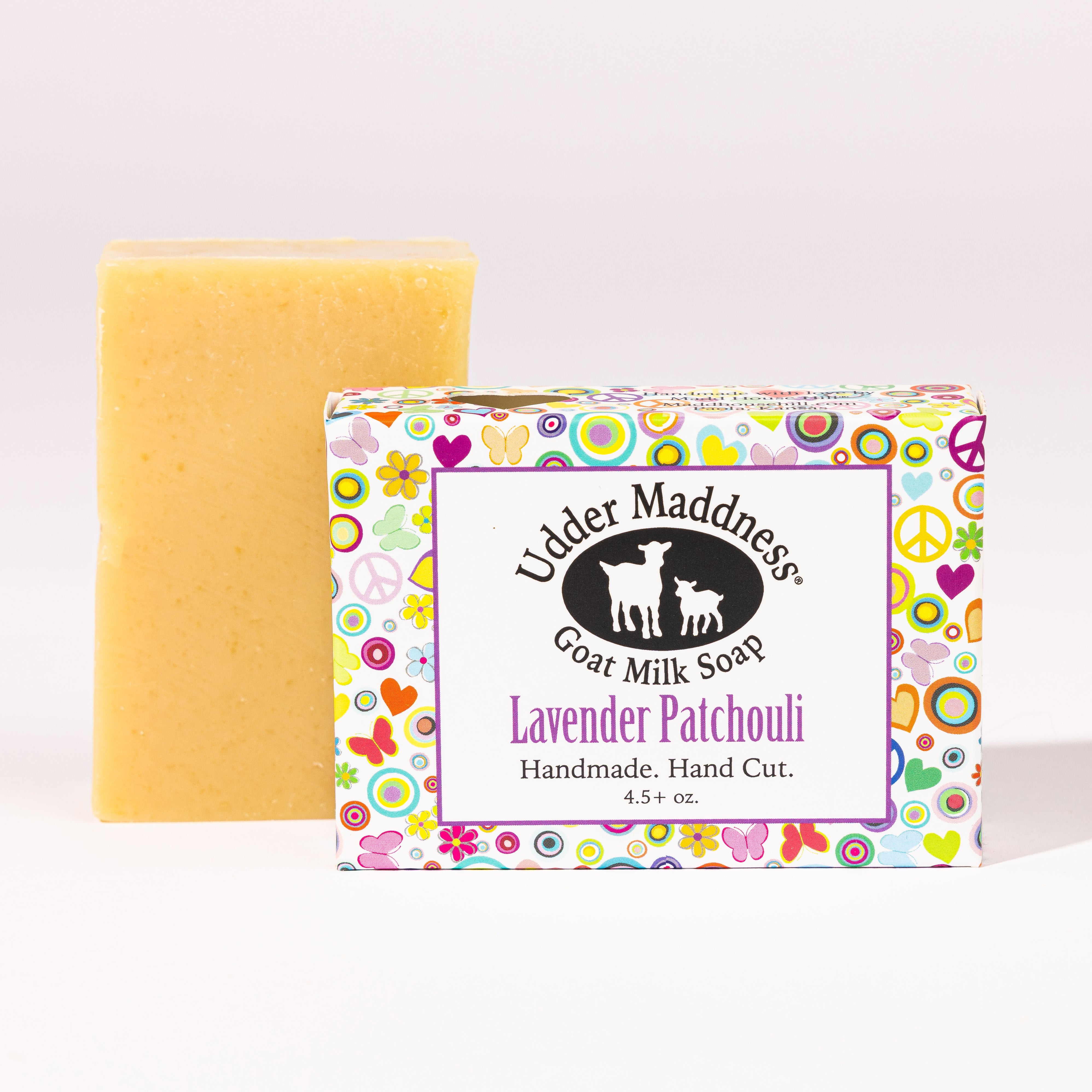 Madd House Hill Udder Maddness Lavender Patchouli Goat Milk Soap — handmade hand cut bar with packaging, all-natural goat milk soap, 4.5 oz
