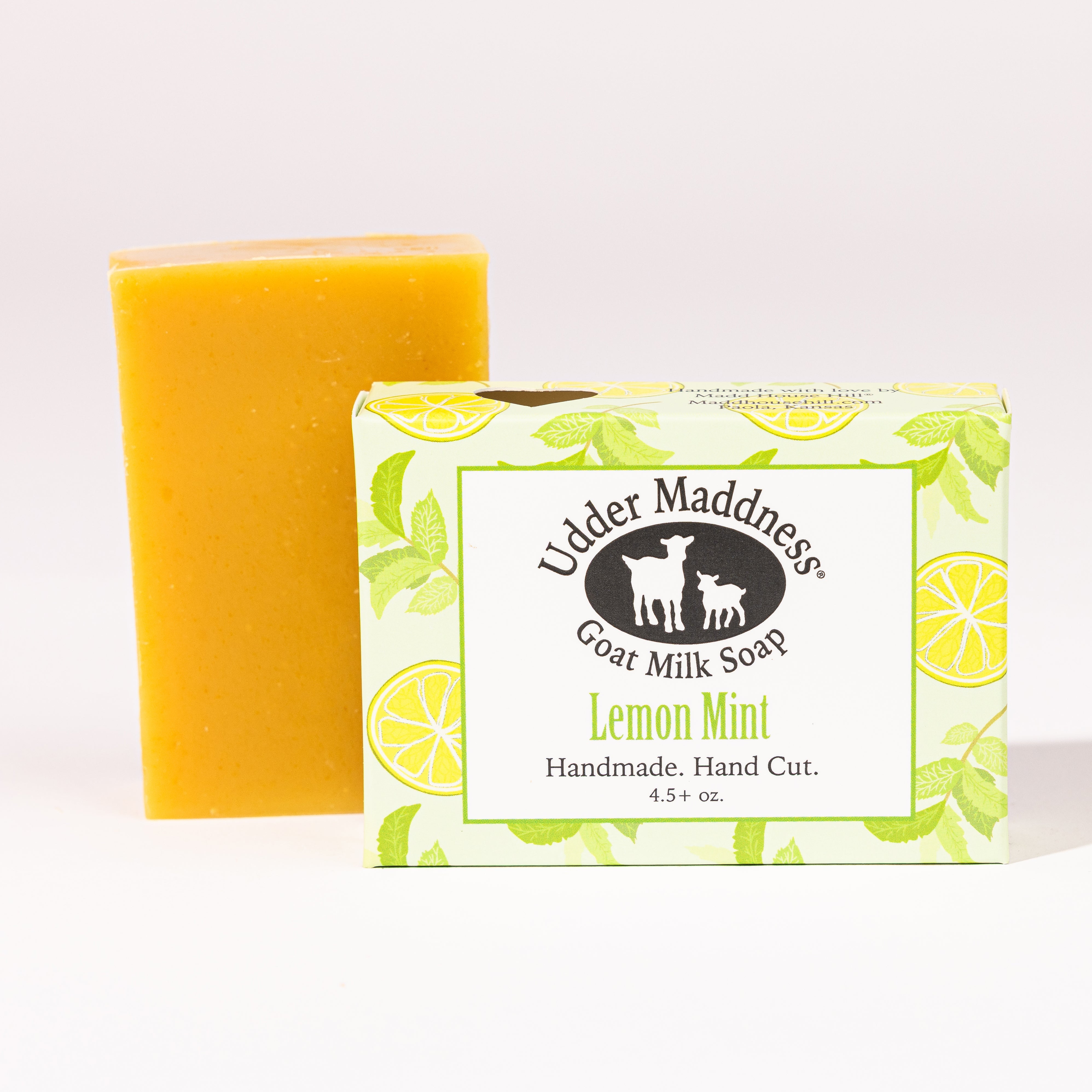 Madd House Hill Udder Maddness Lemon Mint Goat Milk Soap — handmade hand cut bar with packaging, all-natural goat milk soap, 4.5 oz