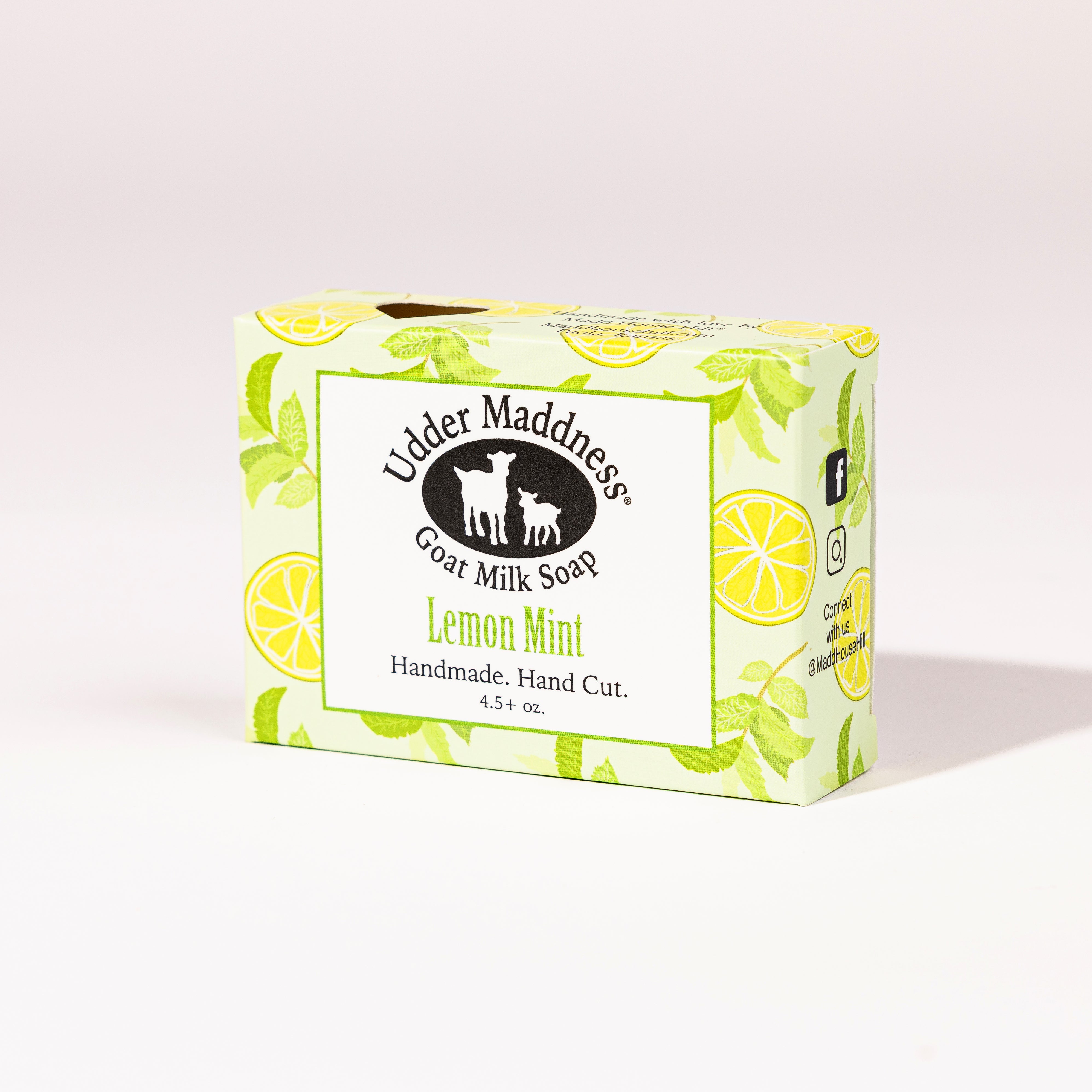 Madd House Hill Udder Maddness Lemon Mint Goat Milk Soap — handmade hand cut bar in packaging, all-natural goat milk soap, 4.5 oz