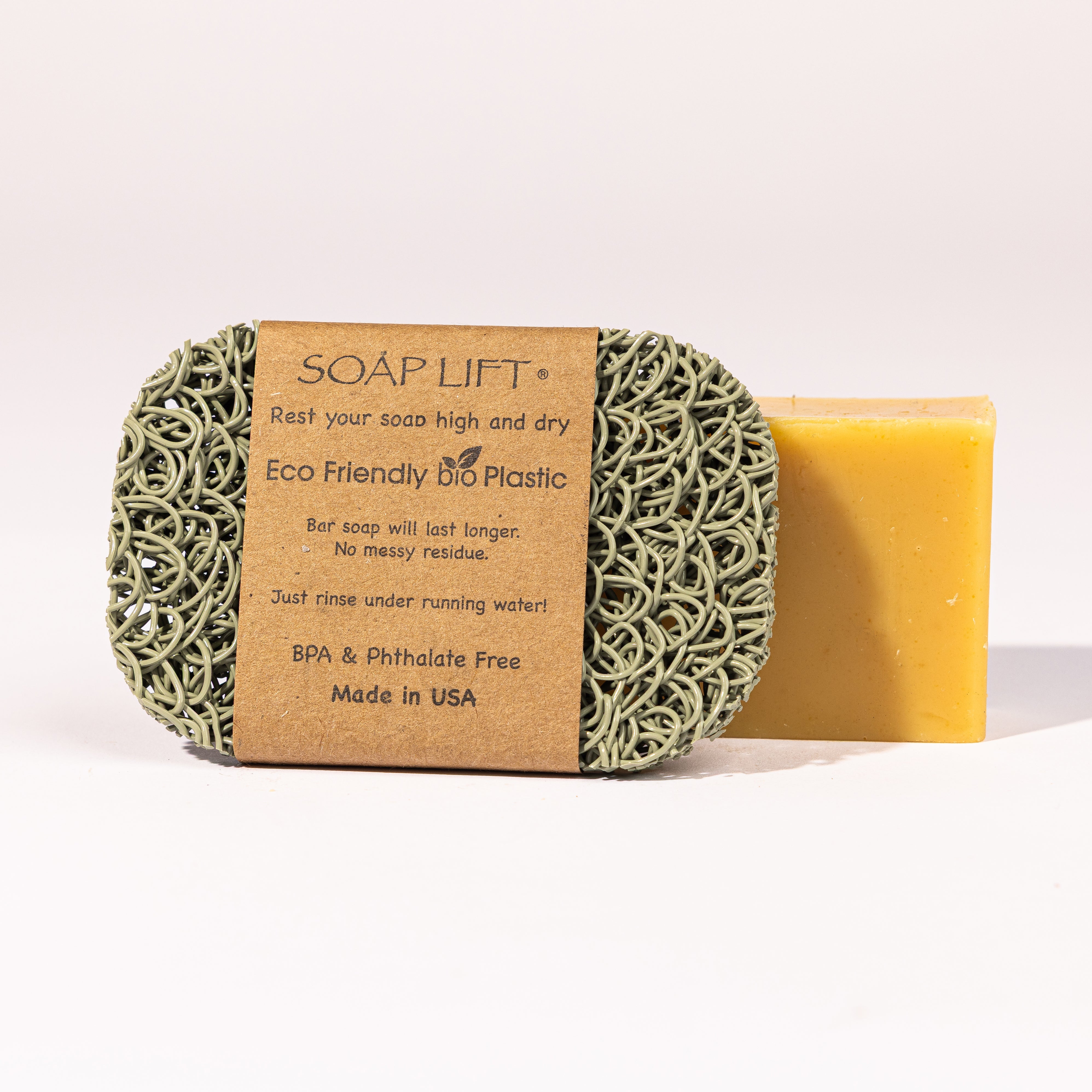 Soap Lift — eco-friendly bio plastic soap dish in green, keeps soap high and dry, BPA and phthalate free, made in USA
