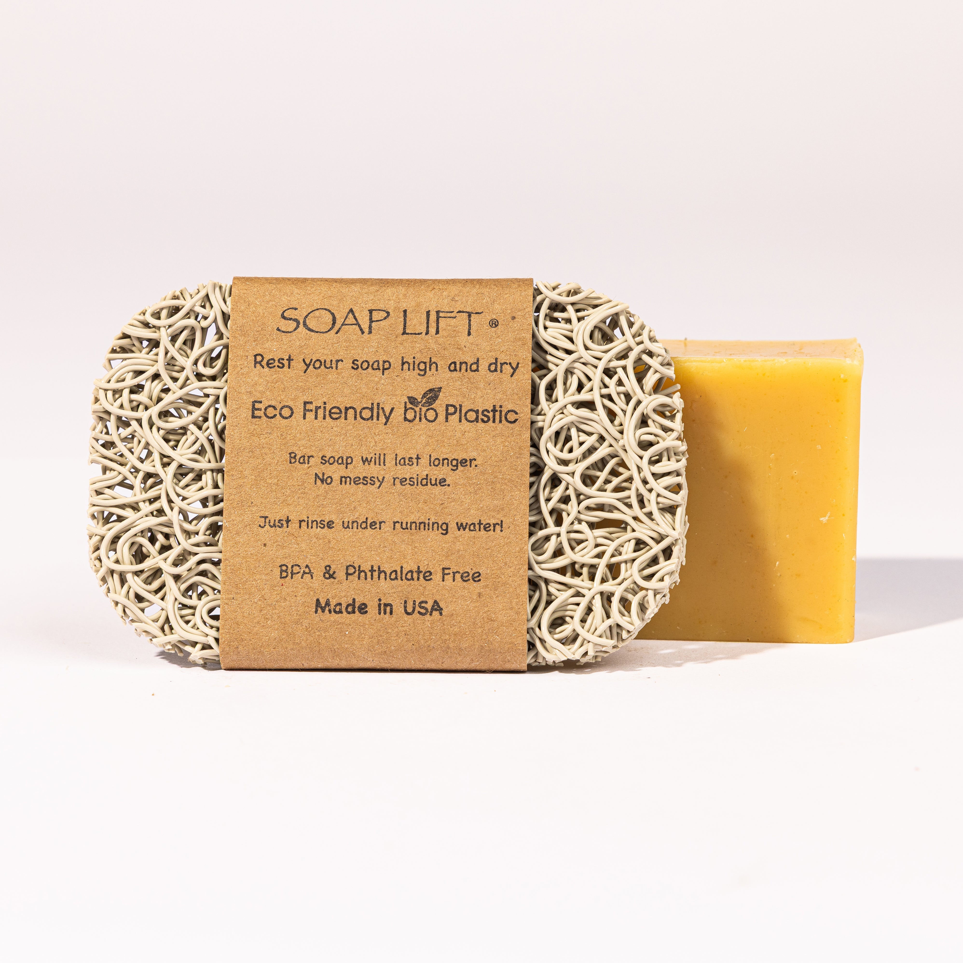 Madd House Hill Soap Lift — eco-friendly bio plastic soap dish in tan, keeps soap high and dry, BPA and phthalate free, made in USA
