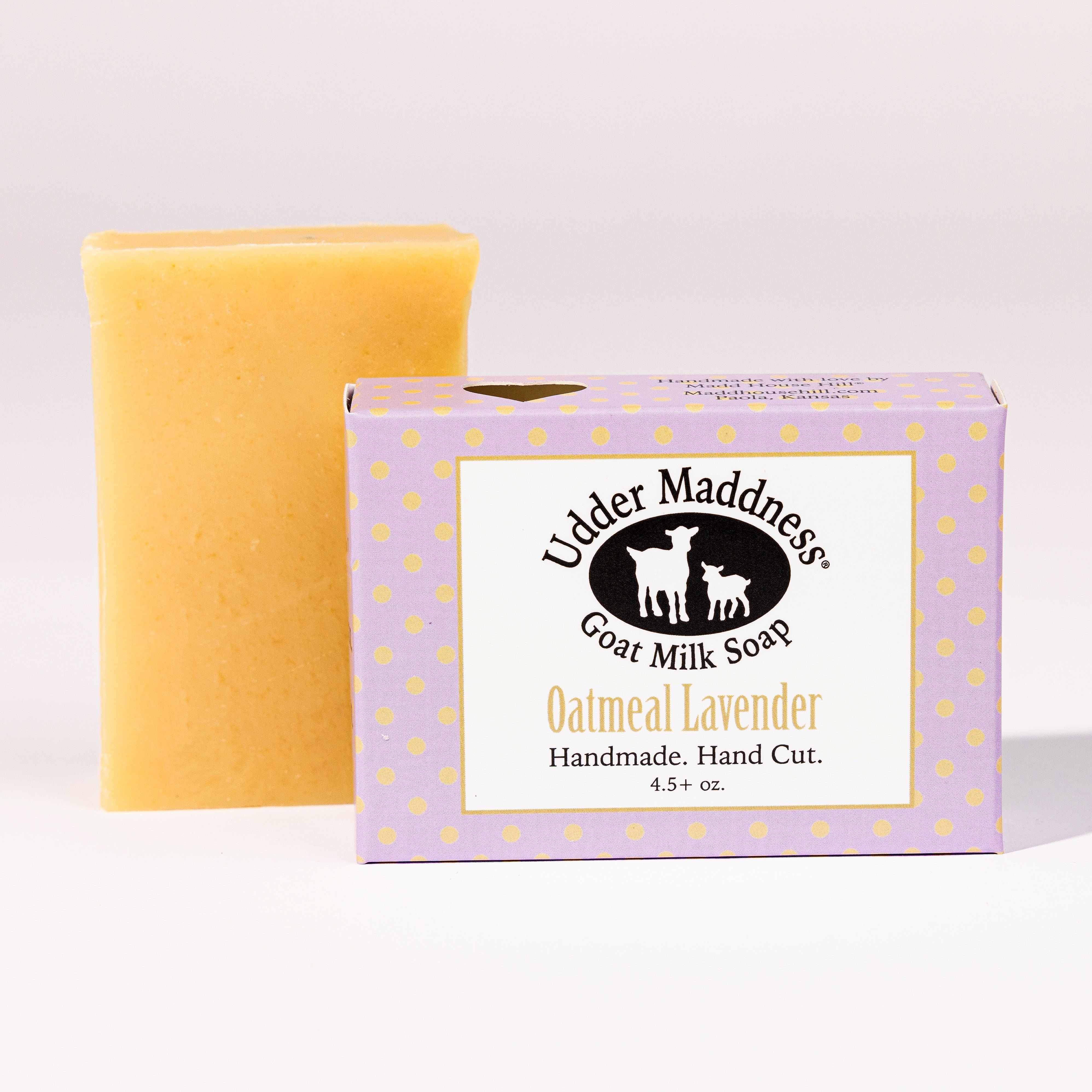 Madd House Hill Udder Maddness Oatmeal Lavender Goat Milk Soap — handmade hand cut bar with packaging, all-natural goat milk soap, 4.5 oz
