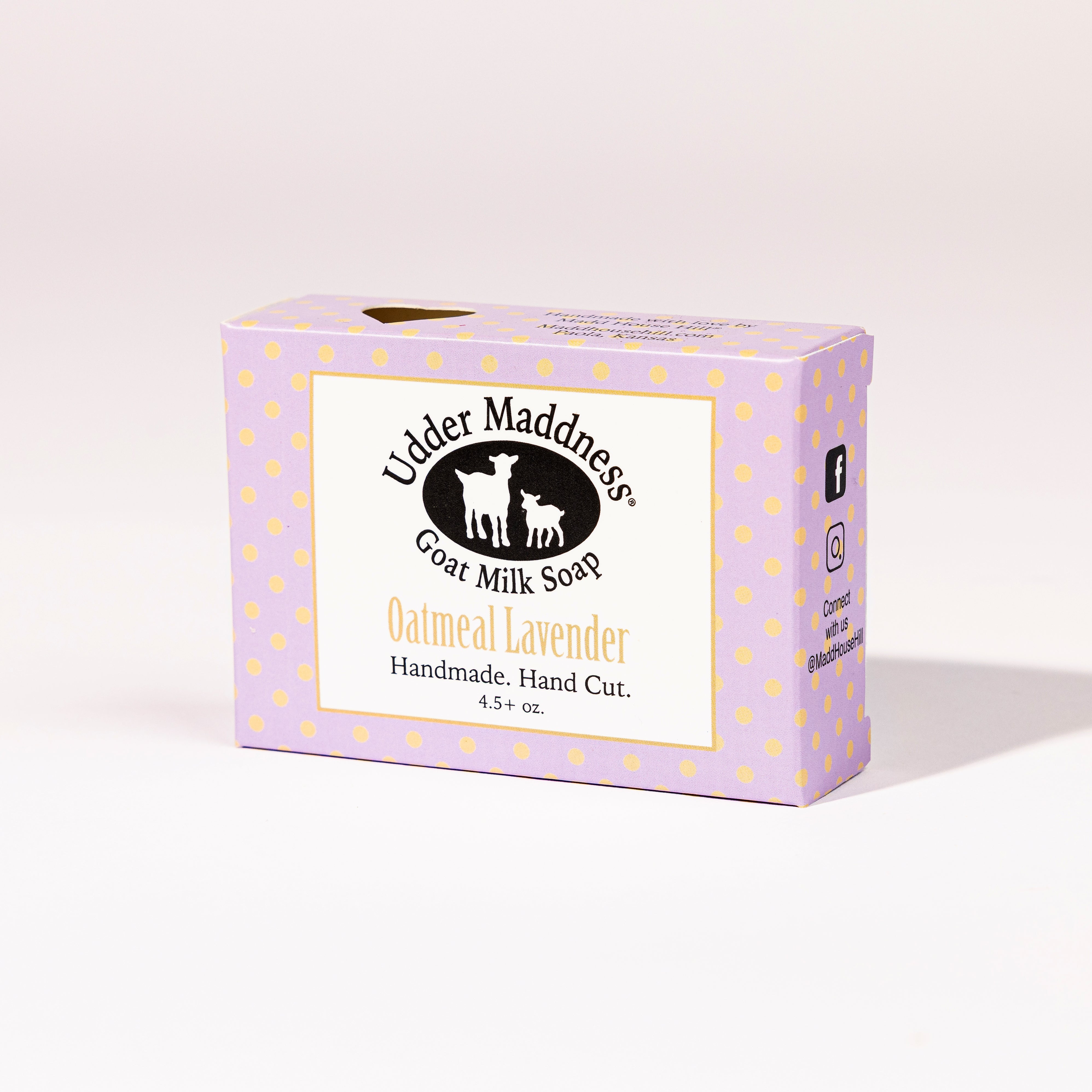 Madd House Hill Udder Maddness Oatmeal Lavender Goat Milk Soap — handmade hand cut bar in packaging, all-natural goat milk soap, 4.5 oz