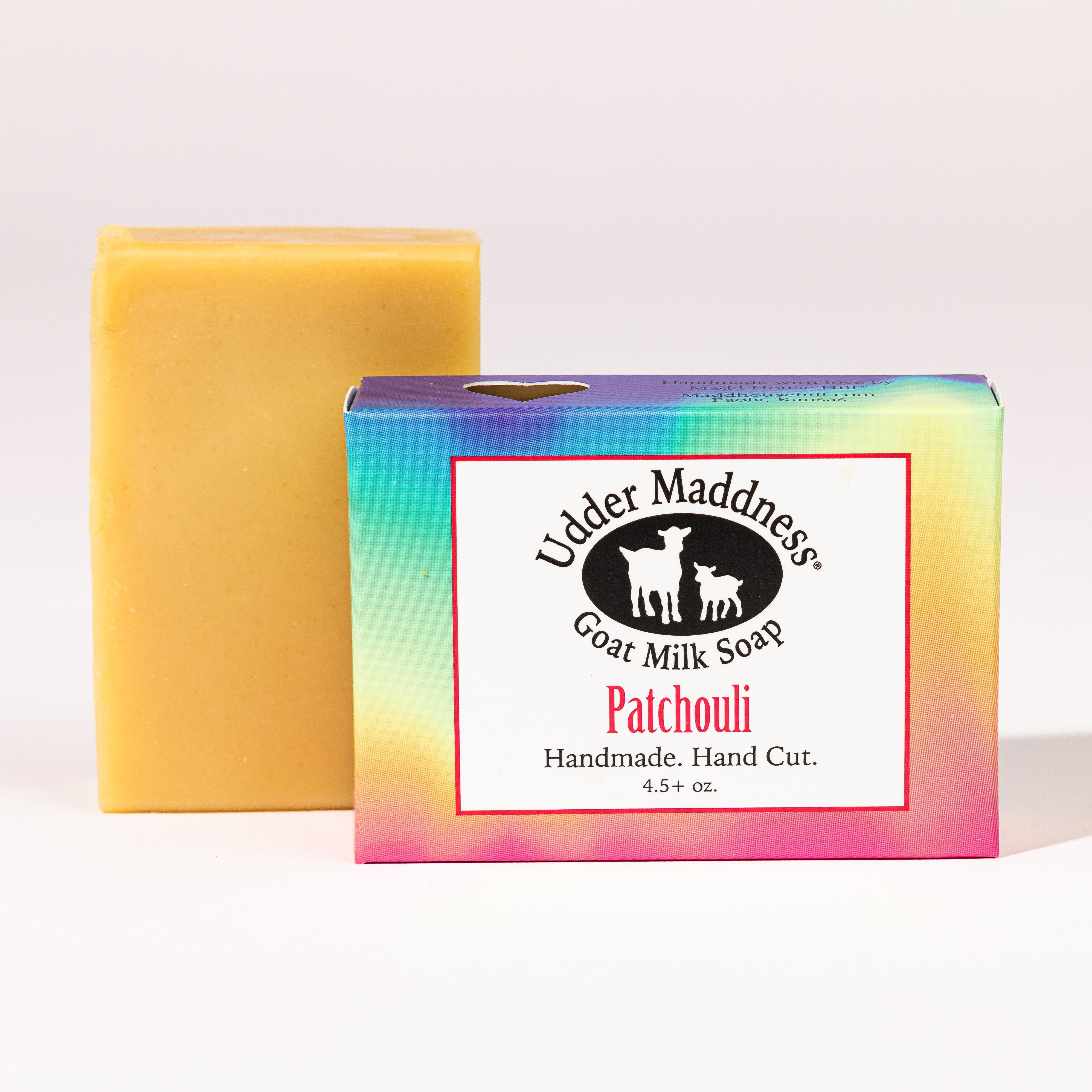 Madd House Hill Udder Maddness Patchouli Goat Milk Soap — handmade hand cut bar with packaging, all-natural goat milk soap, 4.5 oz