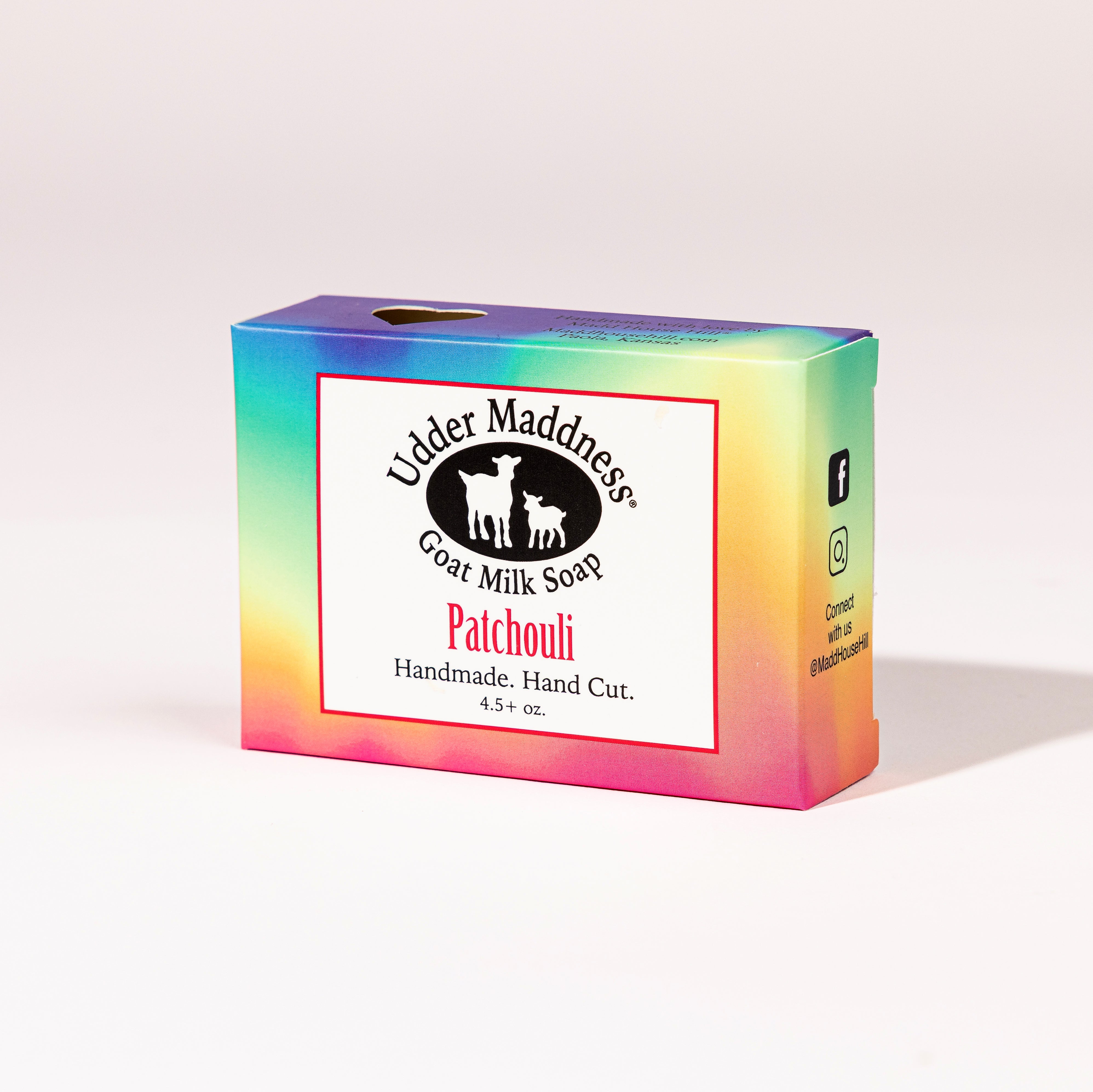 Madd House Hill Udder Maddness Patchouli Goat Milk Soap — handmade hand cut bar in packaging, all-natural goat milk soap, 4.5 oz