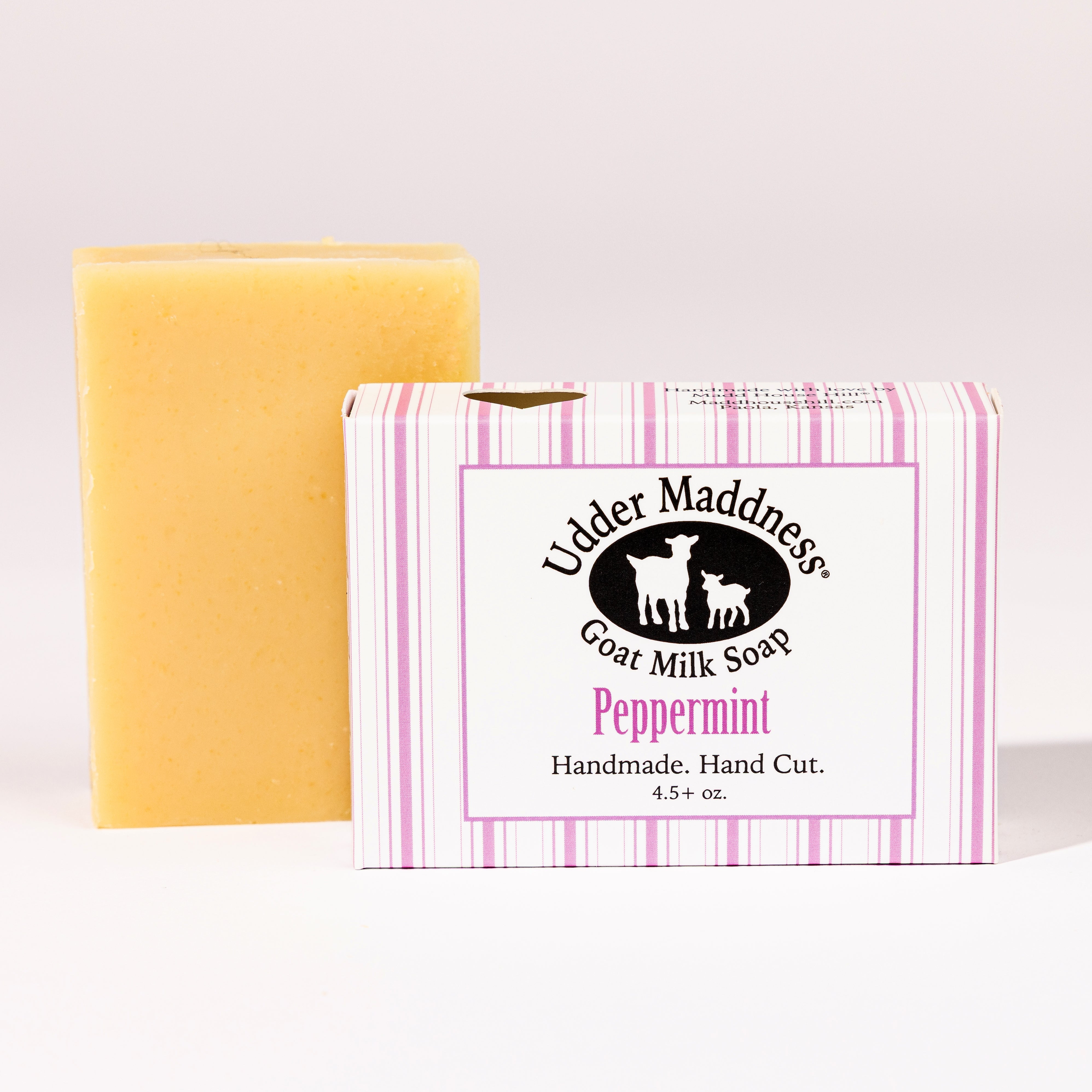 Madd House Hill Udder Maddness Peppermint Goat Milk Soap — handmade hand cut bar with packaging, all-natural goat milk soap, 4.5 oz