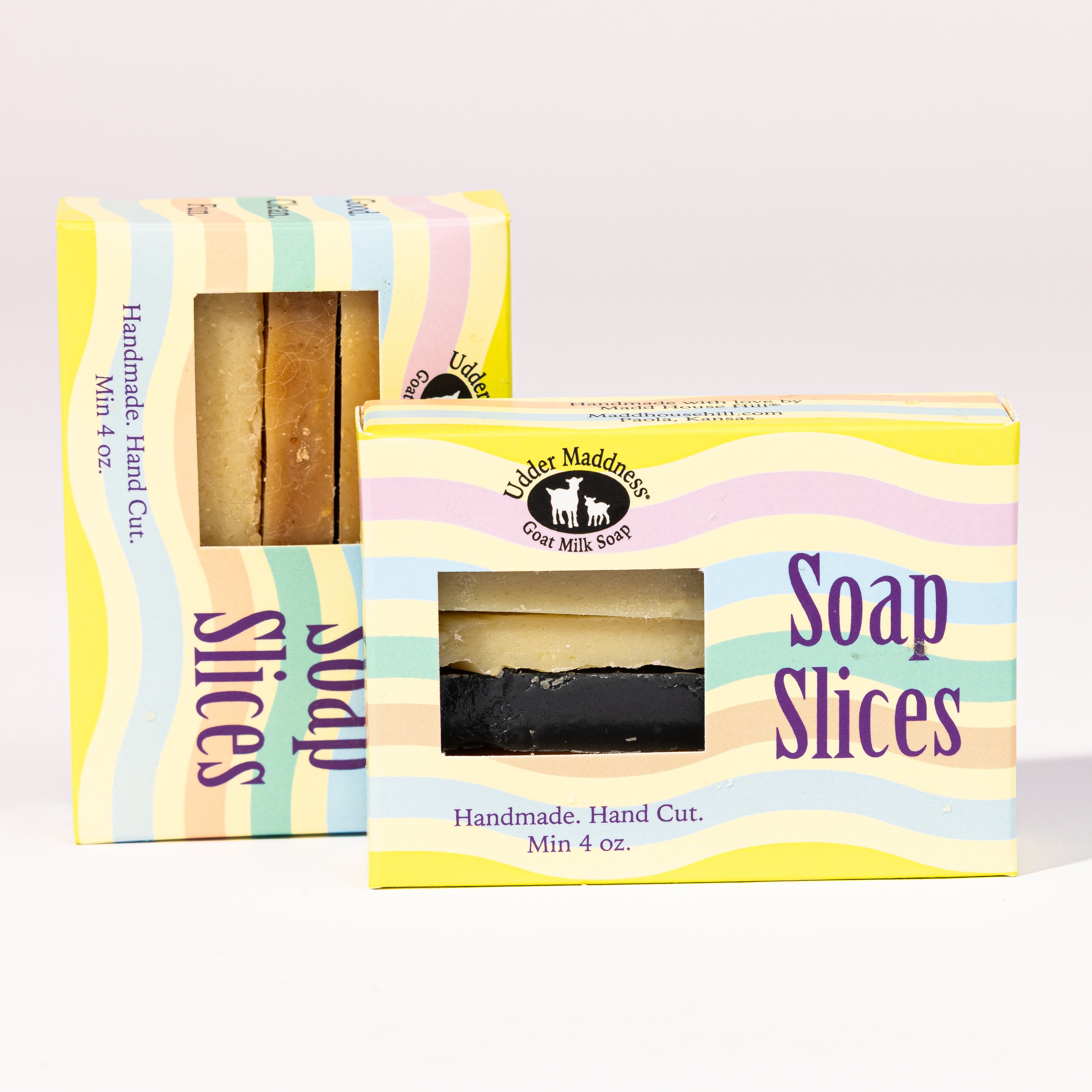 Goat milk soap slices variety with boxed set, natural handmade soap pieces by Madd House Hill Udder Maddness, boxed soap sampler