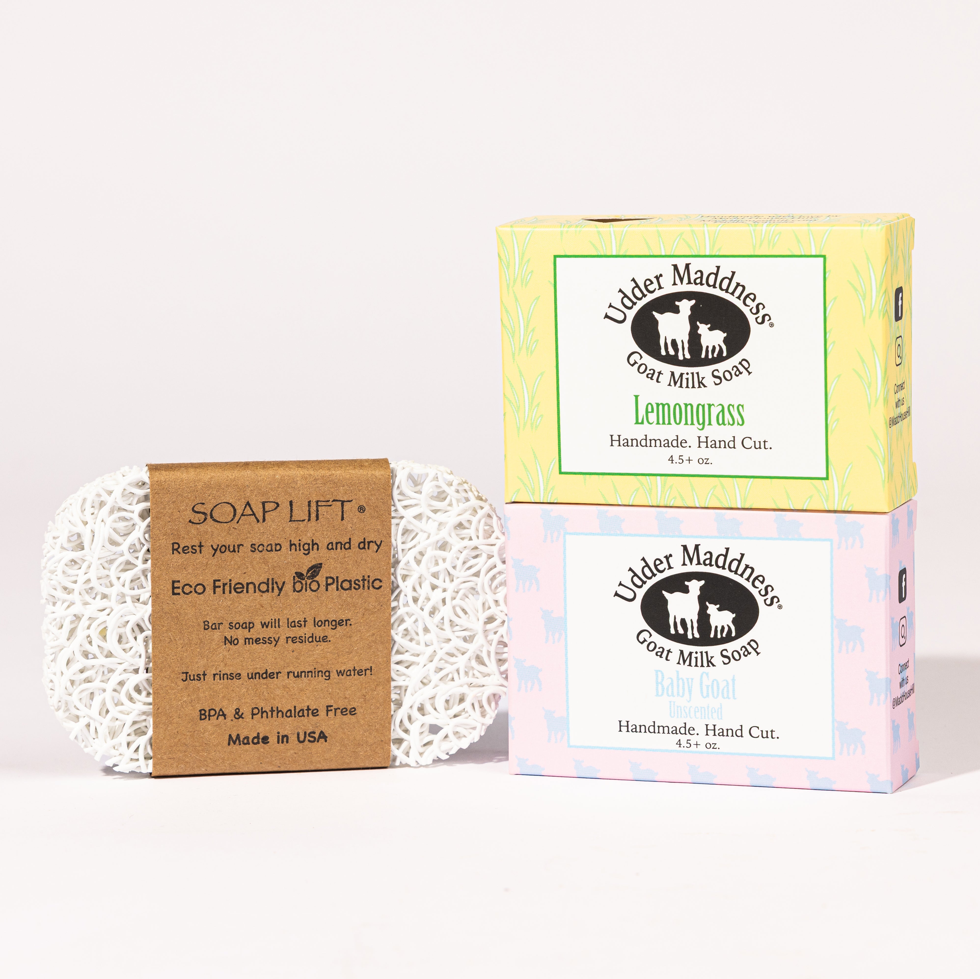 Madd House Hill Udder Maddness Goat Milk Soap Starter Set — Lemongrass and Baby Goat soap bars with white eco-friendly Soap Lift, all-natural handmade hand cut goat milk soap, 4.5 oz each