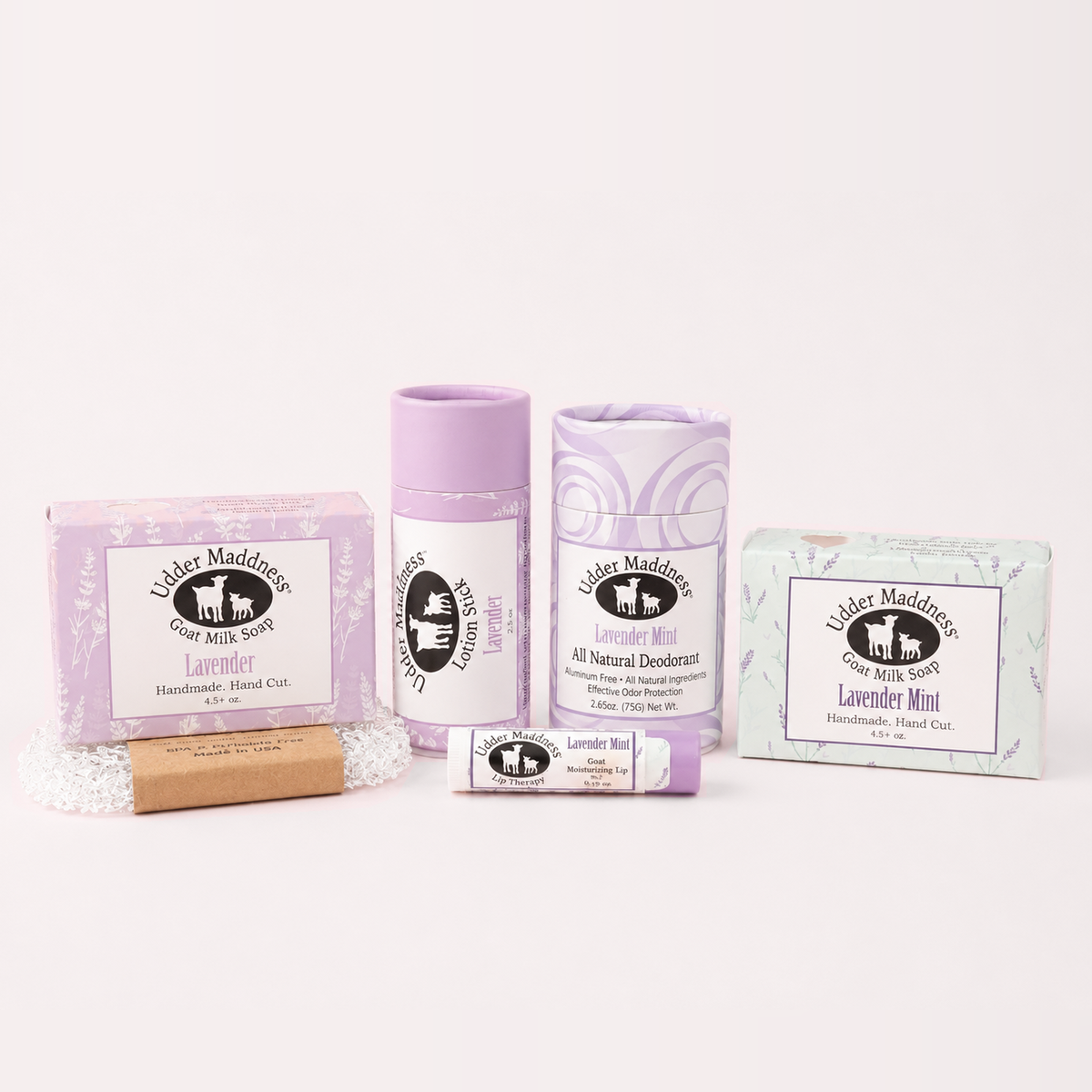 Elevated Essentials set: Lavender and Lavender Mint goat milk soaps, lotion stick, deodorant, lip therapy, and exfoliating soap saver