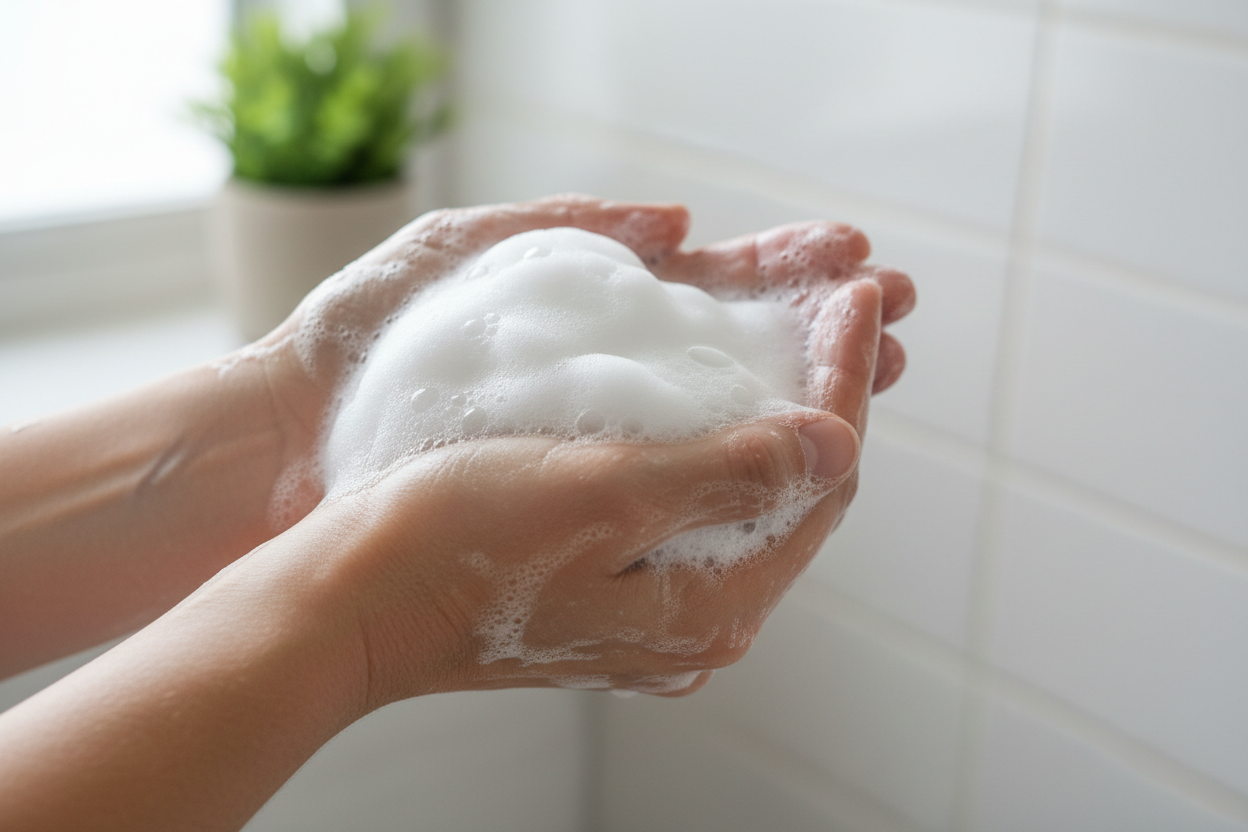 milky lather hands