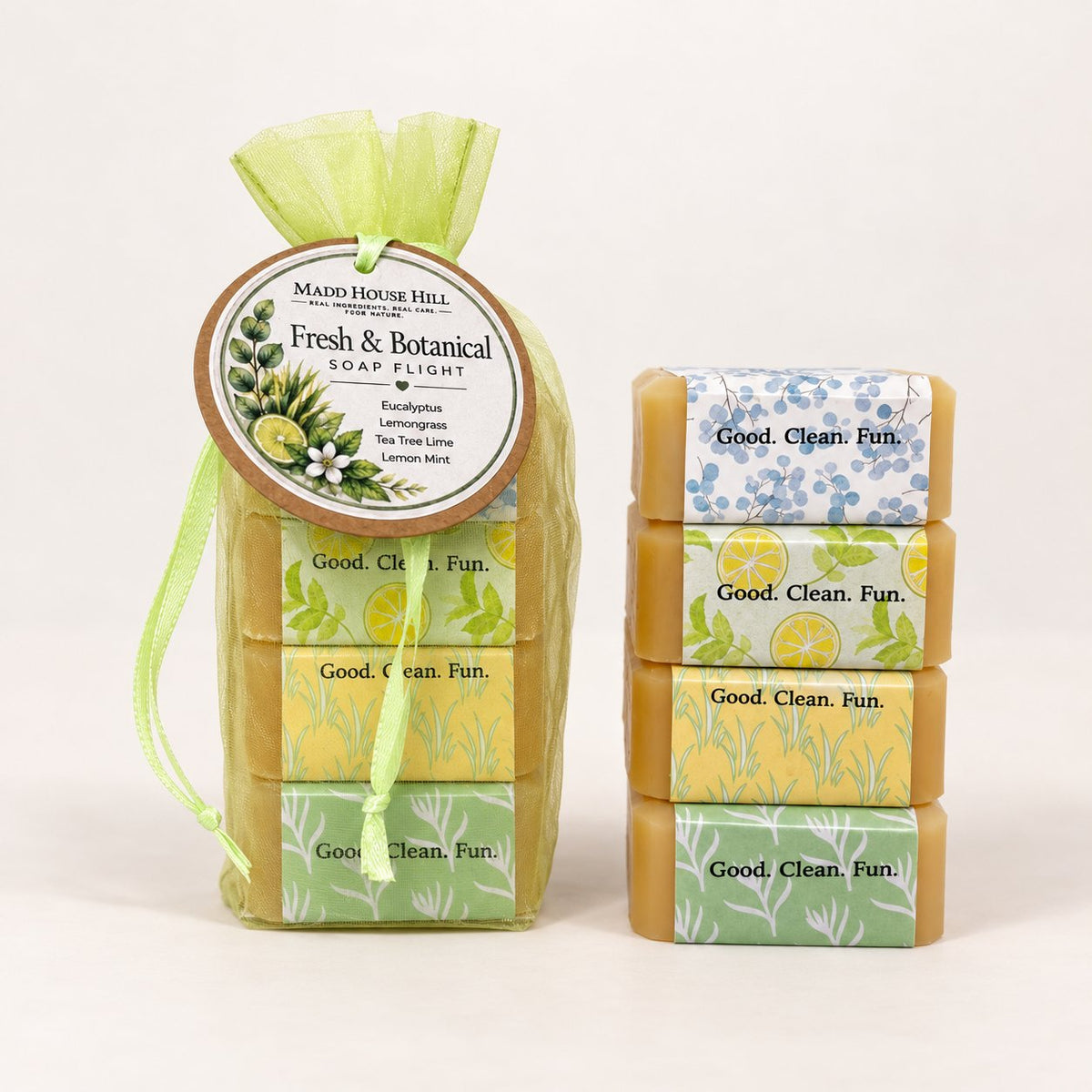 Fresh and Botanical Soap Flight gift bag with four mini goat milk soap bars
