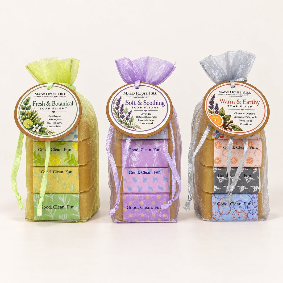 All three Madd House Hill Soap Flights: Fresh and Botanical, Soft and Soothing, and Warm and Earthy gift bags
