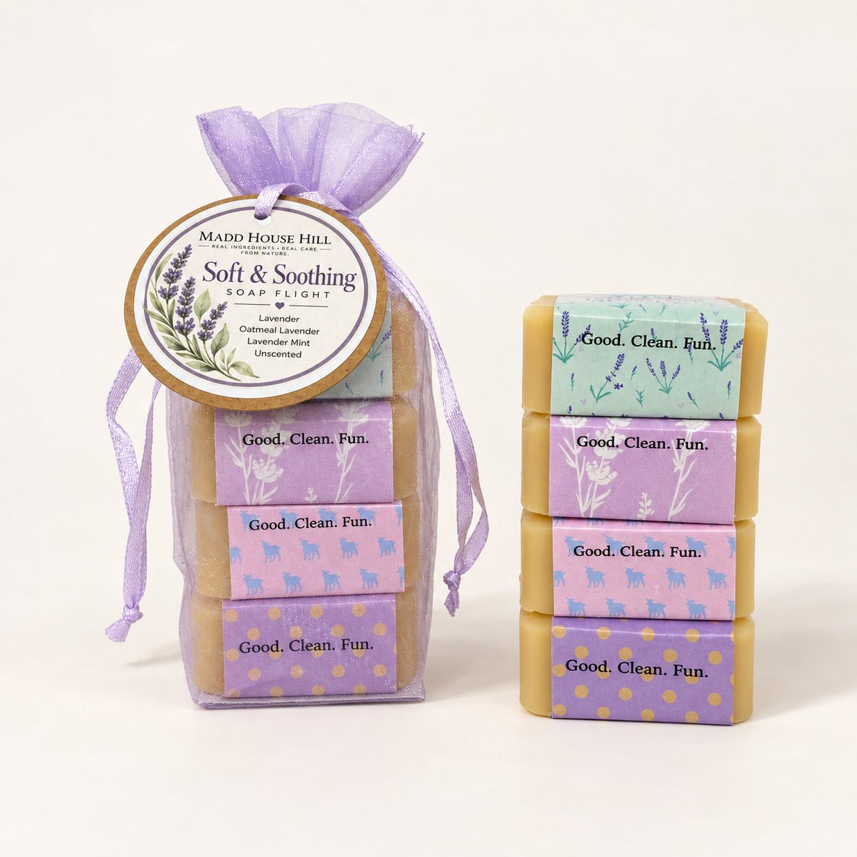 Soft and Soothing Soap Flight gift bag with four mini goat milk soap bars
