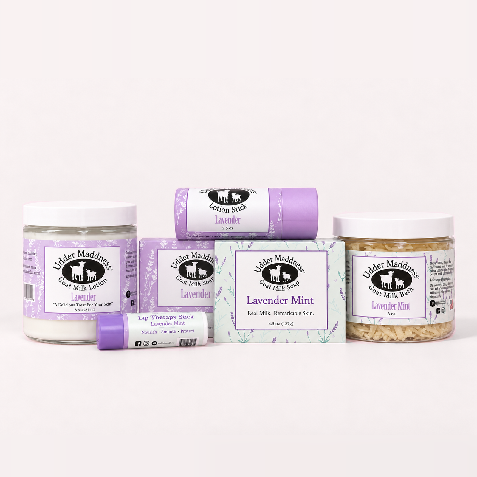 Ultimate Bath and Body Gift Set: Lavender and Lavender Mint goat milk lotion, soaps, lotion stick, lip therapy, and milk bath
