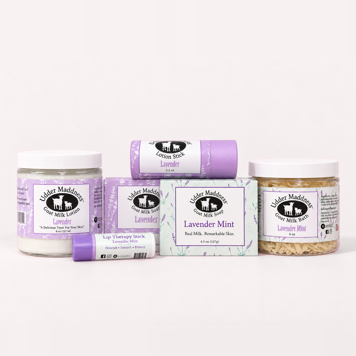 Ultimate Bath and Body Gift Set: Lavender and Lavender Mint goat milk lotion, soaps, lotion stick, lip therapy, and milk bath